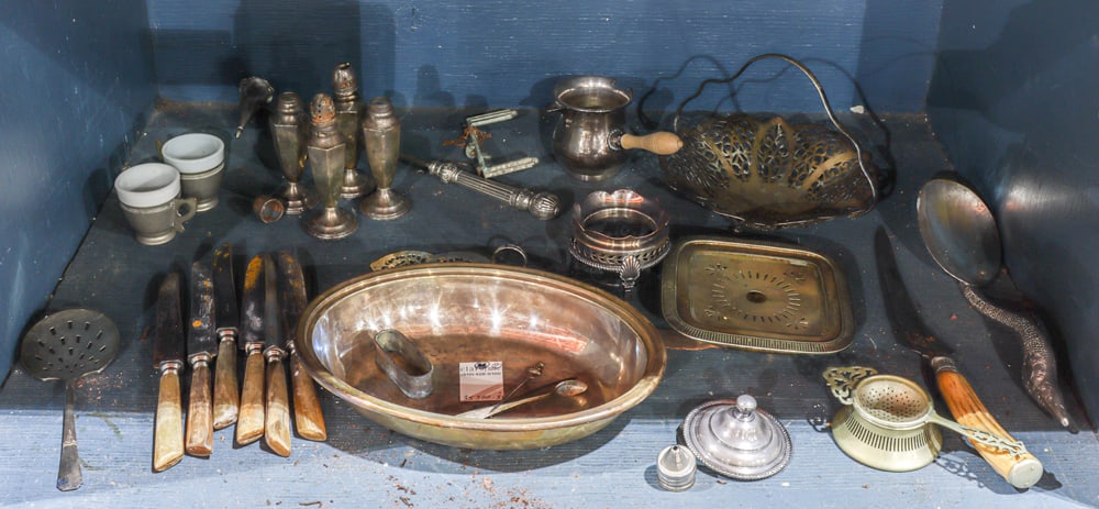 Twenty-eight silverplate table articles and four weighted sterling salt and pepper shakers: Twenty-eight silverplate table articles and four weighted sterling salt and pepper shakers [32 total]