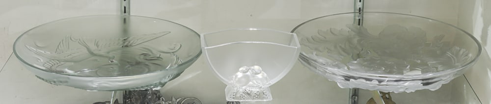 Three pieces of Art Deco Verlys glass: Three pieces of Art Deco Verlys glass, each with engraved signature, comprising low bowl with waterbirds and koi, 13.25"dia; low bowl with poppies, 13.75"dia and vase with lovebirds, 4.5"h [3 total]