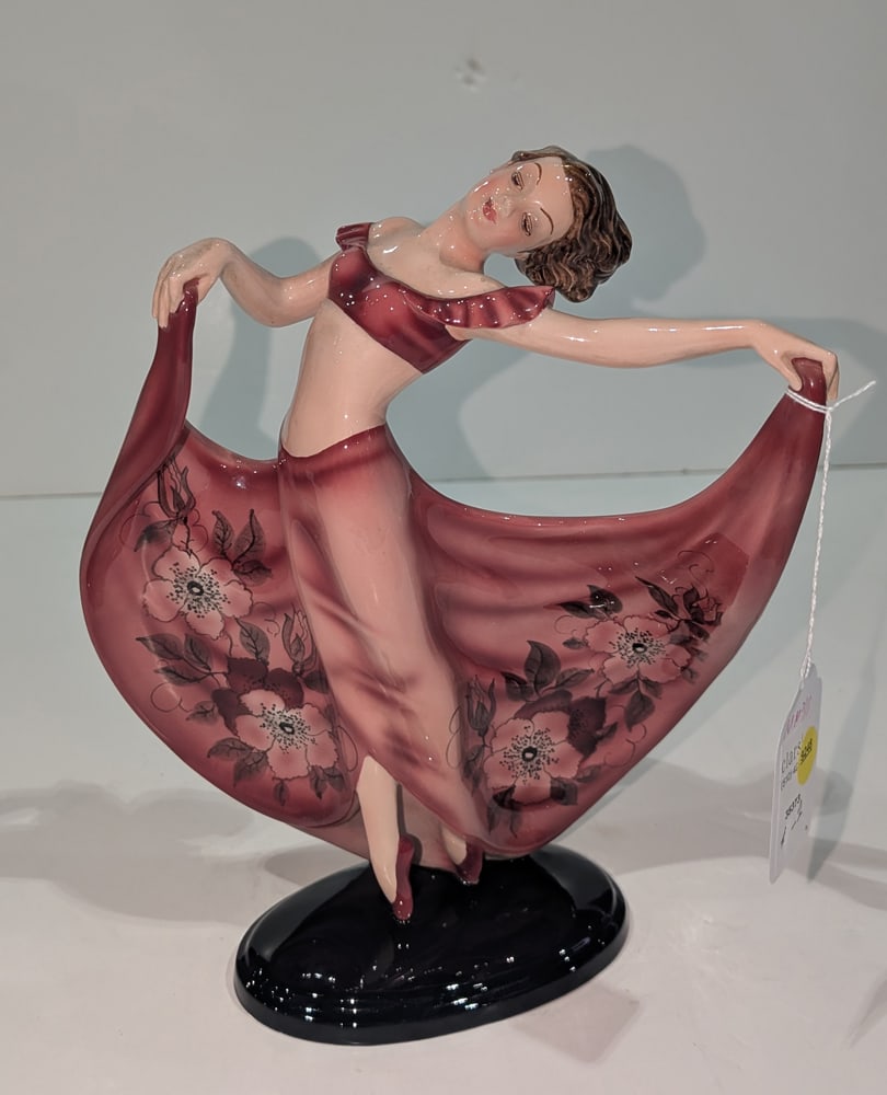 A Josef Lorenzl for Keramos Vienna Ceramic Figure of a Female Dancer: A Josef Lorenzl for Keramos Vienna ceramic figure of a dancer, 1445, green printed factory mark and painted ciphers, 12.5?h