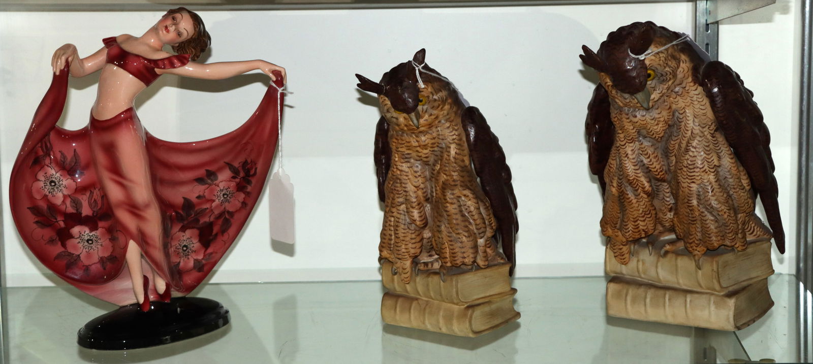 Two Austrian Porcelain Owl Night Lights: Two Austrian porcelain owl night lights, Scheibe-Alsbach factory, each owl perched on a stack of books, inset with light sockets, 5406-L and 5646-L, 10.75?h and 11.75?h [2 total]