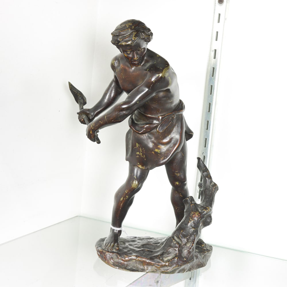 A French Albert Froger Patinated Bronze of a Male Figure: An Albert Froger (French, 19th century) patinated bronze of a male figure swinging an axe 12"h