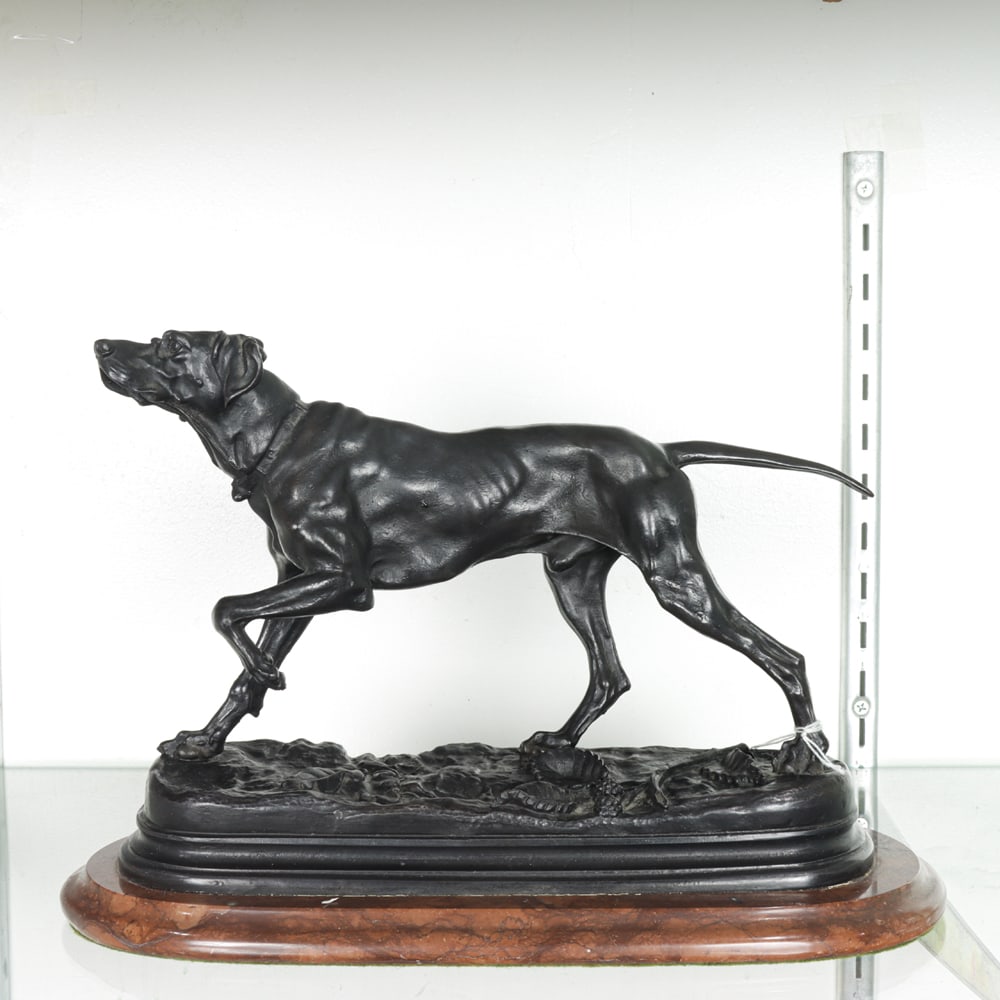 A Bronze Statue of a Retriever After Jules Moigniez: A bronze statue of a retriever after Jules Moigniez, signed to base, 9"h x 13.5"l