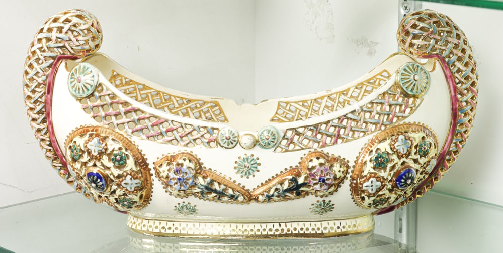 A Fischer J Budapest Parcel Gilt Pottery Boat Form Center Bowl: A Fischer J Budapest parcel gilt and reticulated pottery boat form center bowl, late 19th century, impressed and printed marks, 7?h x 13?w