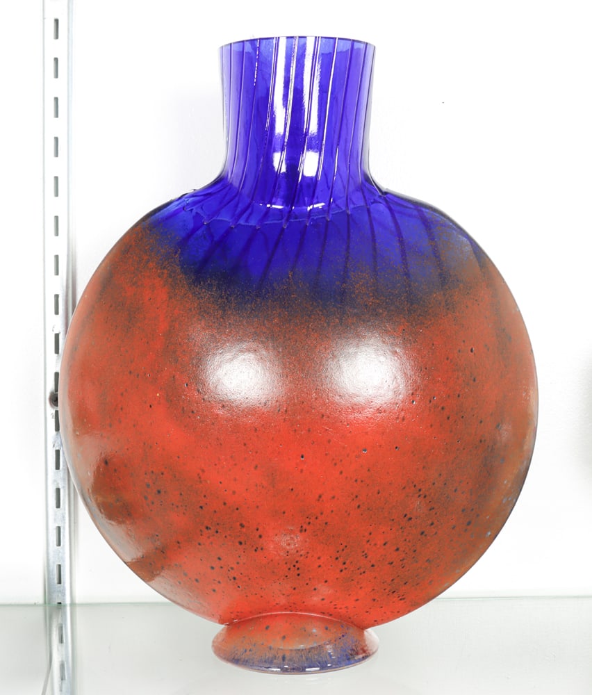 A Kjell Engman for Kosta Boda Glass Vase: A Kjell Engman for Kosta Boda glass vase, indistinct engraved signature, applied factory label, 13?h