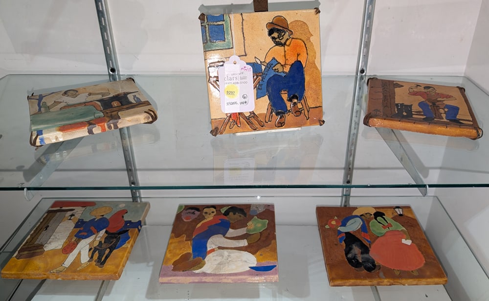 Six Mexican hand-painted tiles: Six Mexican hand-painted tiles, comprising (3) examples depicting artisans, 6"sq and (3) larger examples with figures, unsigned, 7.75"sq