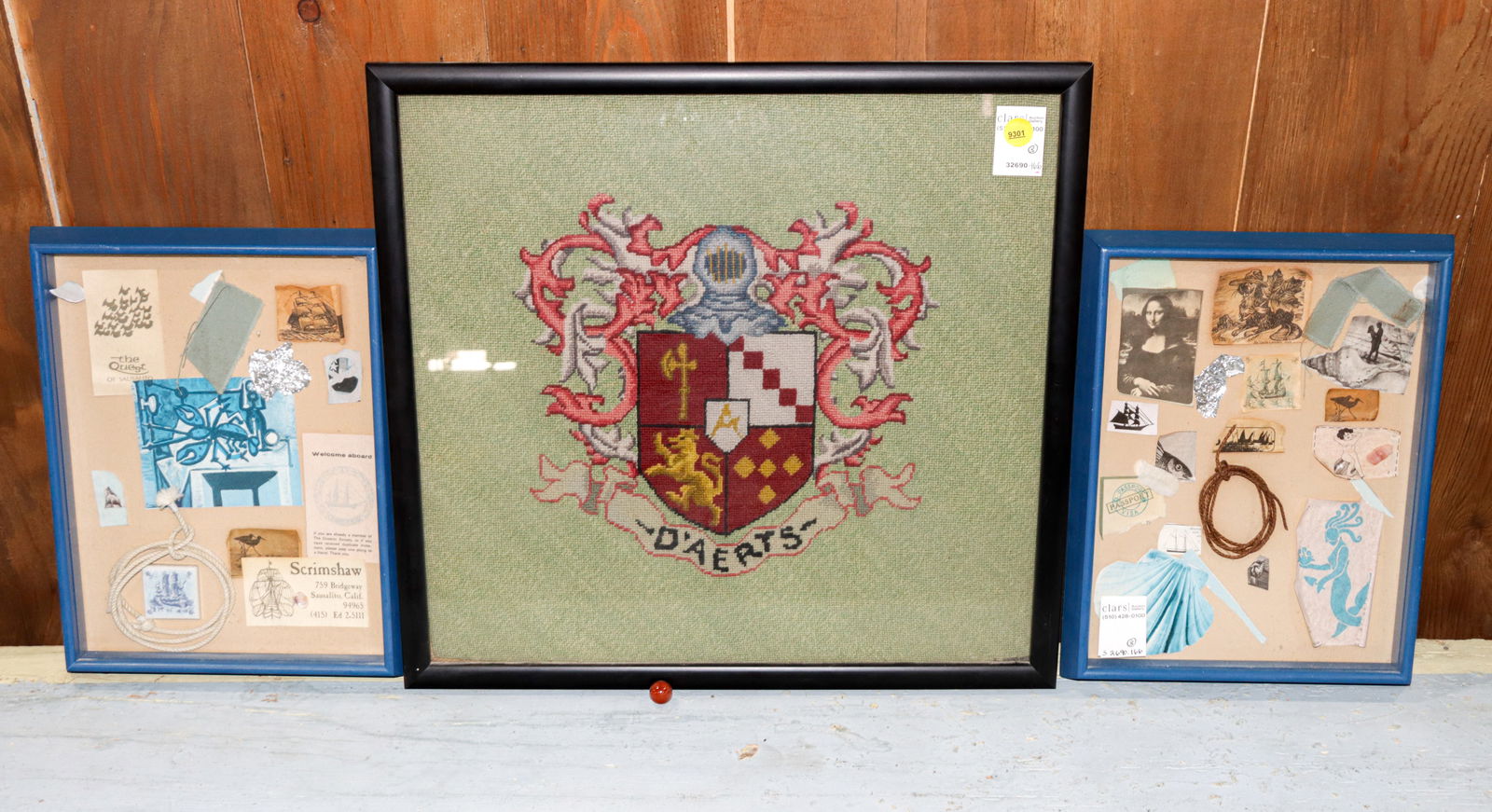 Three framed pictures: Three framed pictures, comprising a pair of nautical theme shadow boxes, 12.5"h x 9.75" and (1) framed embroidery of an armorial inscribed 'Daerts', 17"h x 18"w