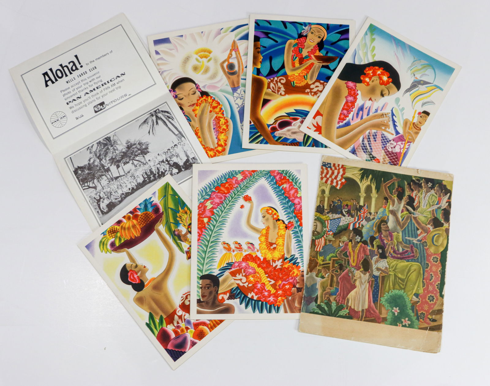 A Collection of Cruise Ship Menu Covers Including Eugene Savage: A collection of cruise ship menu covers including (1) Eugene Savage art to cover, circa 1950 example, 13.75"h x 10.5"w; (5) covers 12"h x 9"w; (1) printed photo folder depicting travelers to Hawaii,