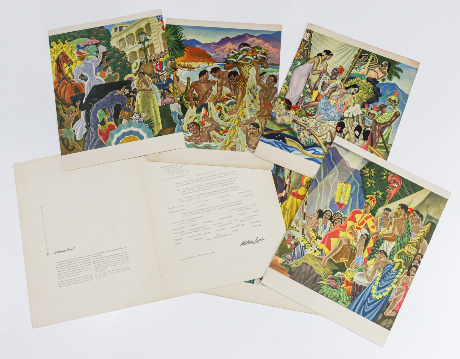 A Collection of Eugene Savage Matson Lines Cruise Ship Menus: A collection of Matson Lines cruise ship menu covers from the S.S. Lurline, Eugene Savage art to covers, circa 1951, 13.75"h x 10.5"w [6 total]
