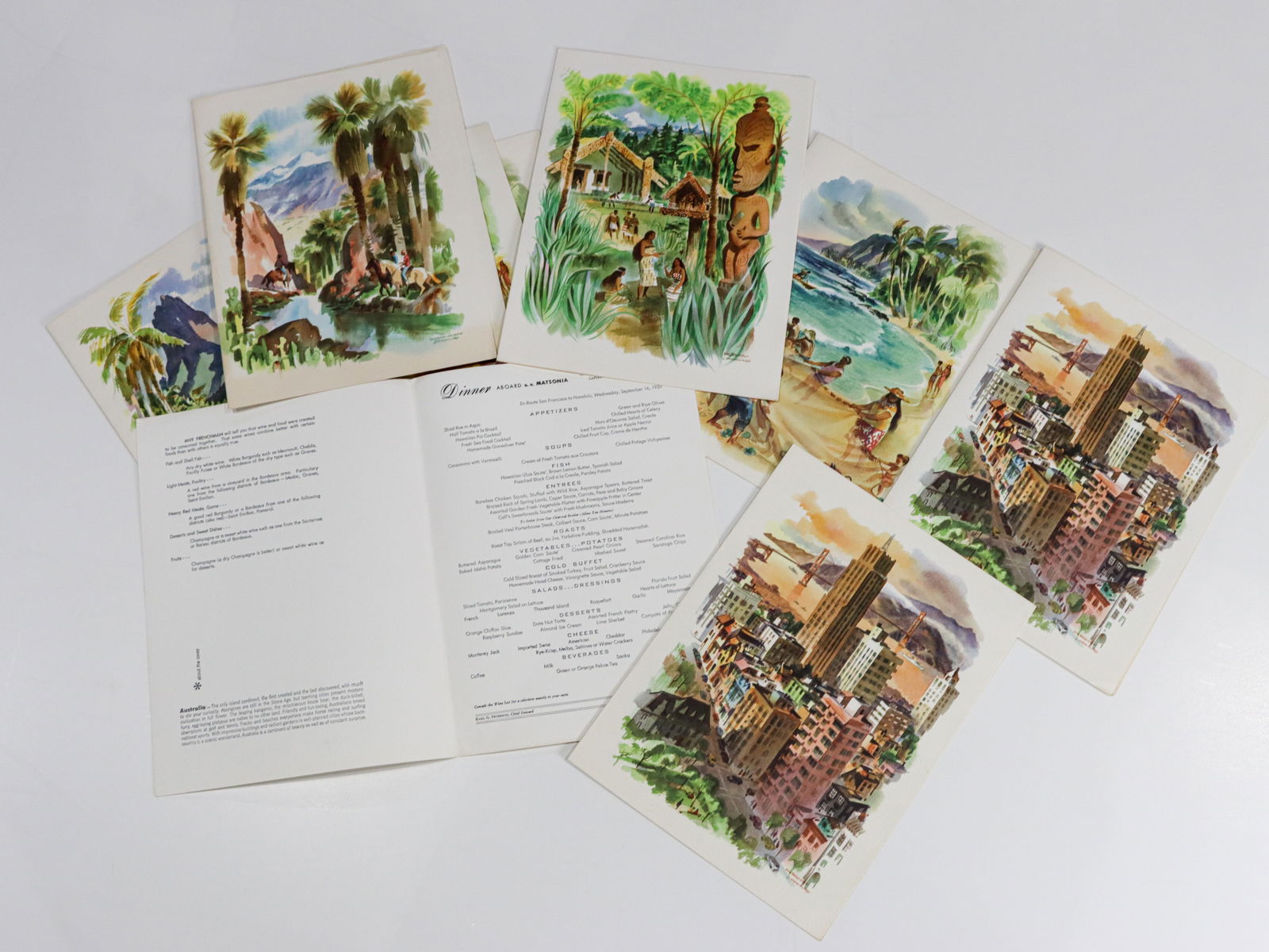 A Collection of Matson Lines Cruise Ship Menu Covers: A collection of Matson Lines cruise ship menu covers from the S.S. Matsonia, Louis Macouilland art to covers, circa 1959. Included in the lot is a passenger list from the September 16, 1959 sail from