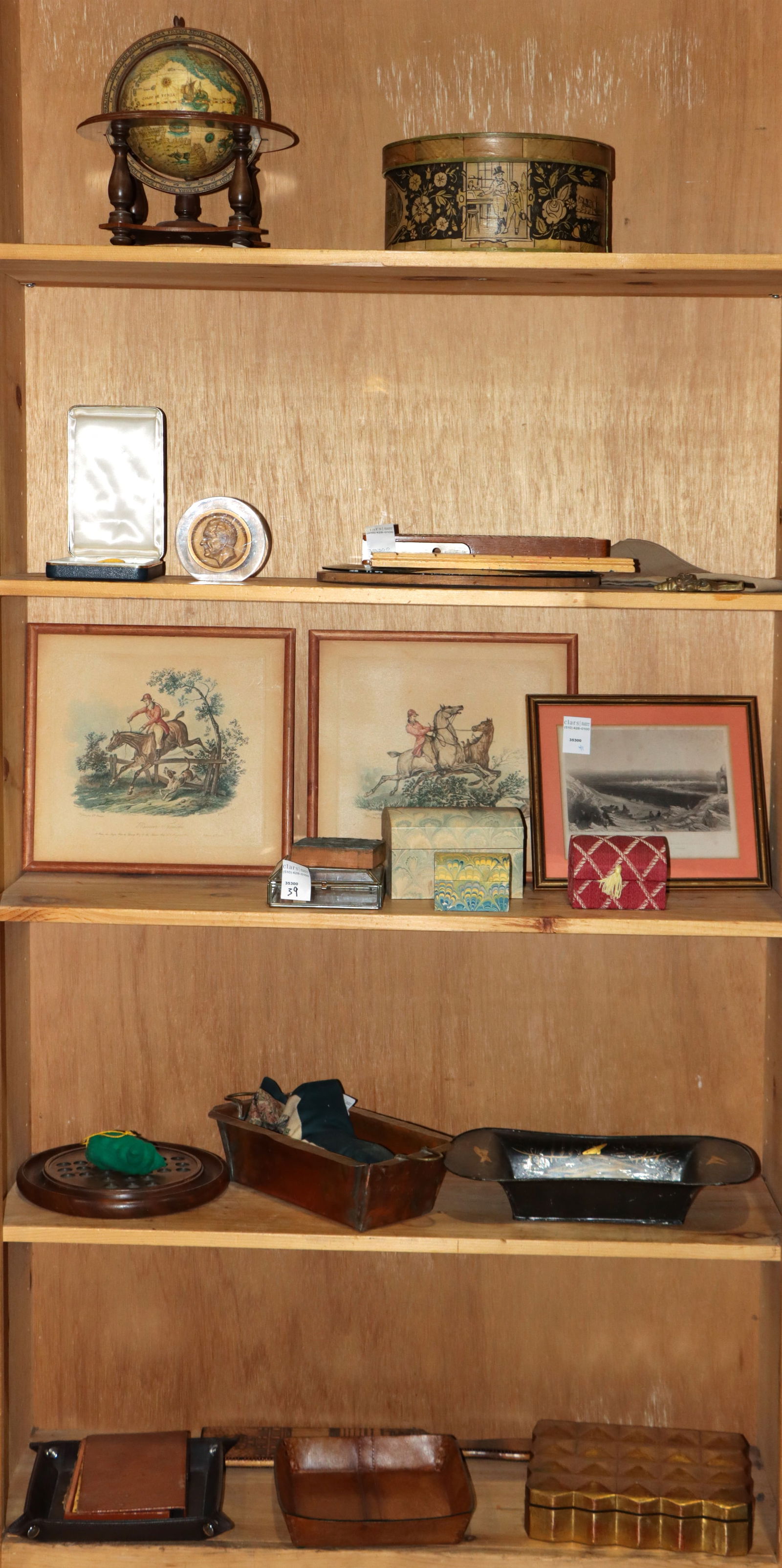 An assembled group: An assembled group, including boxes, cowboy hat, chinoiserie tole try, table globe, etc.