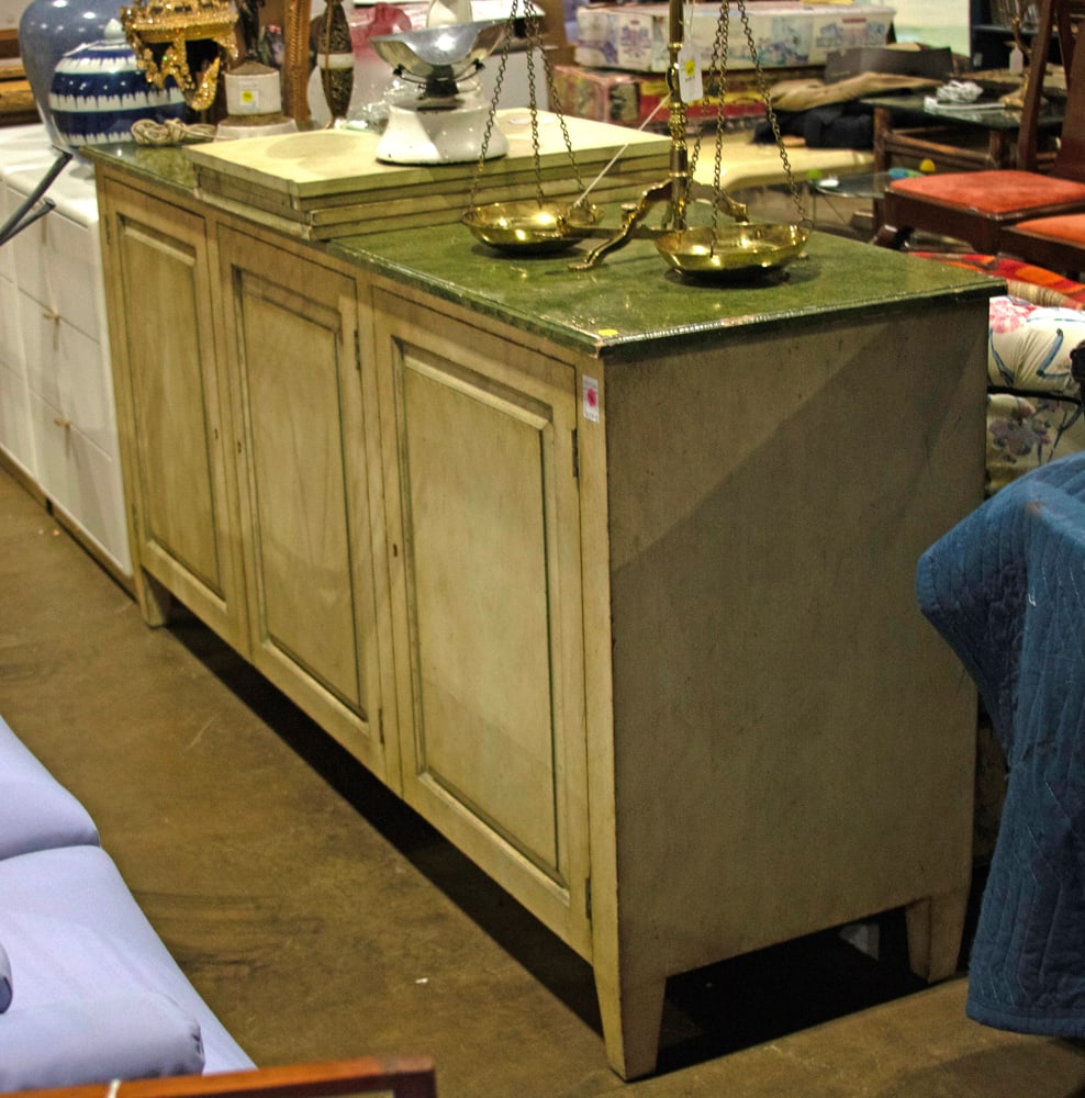 A paint decorated three-drawer sideboard with faux marbleized top in the Neoclassical taste: A paint decorated three-drawer sideboard with faux marbleized top in the Neoclassical taste, 34.25"h x 20"d x 72"l