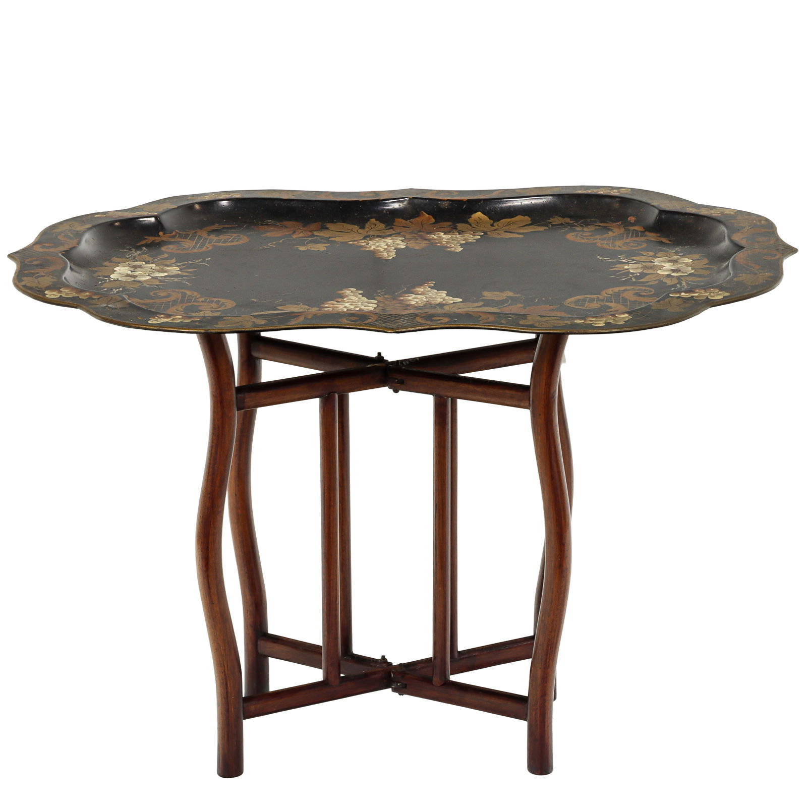 A Pilgrim for Neiman Marcus hand painted tray table on stand: A Pilgrim for Neiman Marcus hand painted tray table on stand, marked on underside, 20.5"h x 31"w 24"d