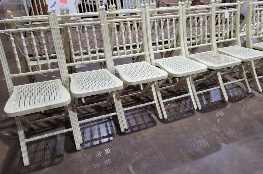 A set of six Ballard design faux bamboo cane folding event chairs: A set of six Ballard design faux bamboo cane folding event chairs, 35.5"h x 14.5"w x 14.5"d (seat)