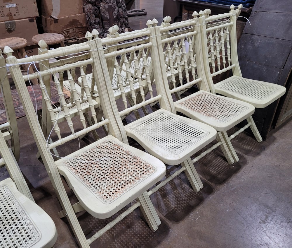 A set of four Ballard design faux bamboo cane folding event chairs: A set of four Ballard design faux bamboo cane folding event chairs, 35.5"h x 14.5"w x 14.5"d (seat) [4 total]