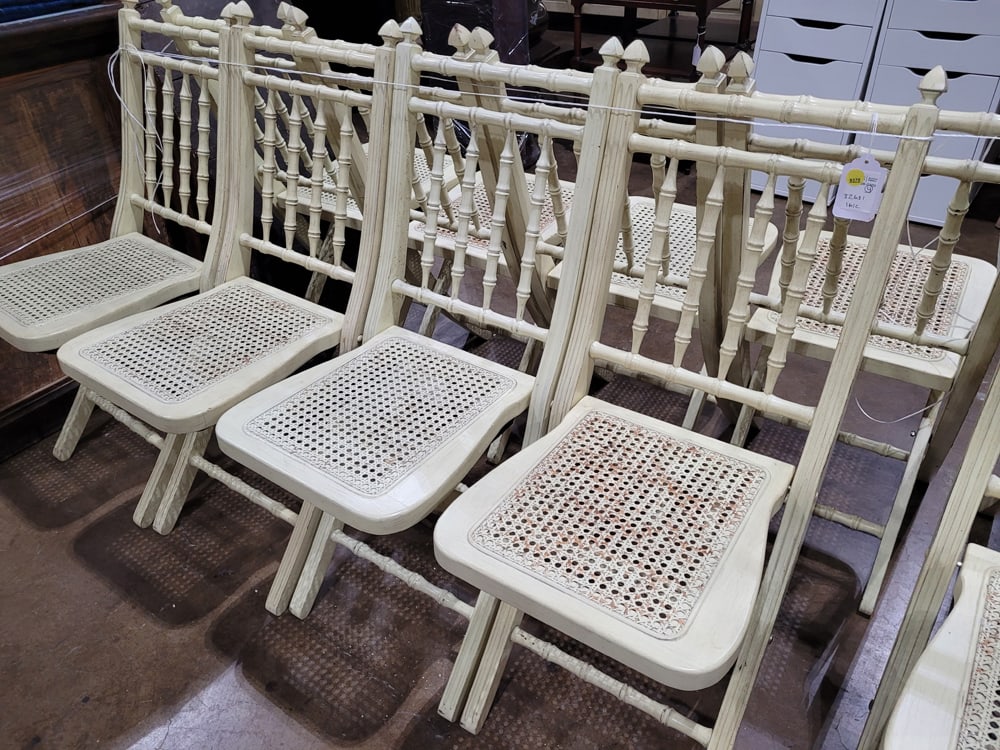 A set of four Ballard design faux bamboo caned folding event chairs: A set of four Ballard design faux bamboo caned folding event chairs, 35.5"h x 14.5"w x 14.5"d (seat) [4 total]