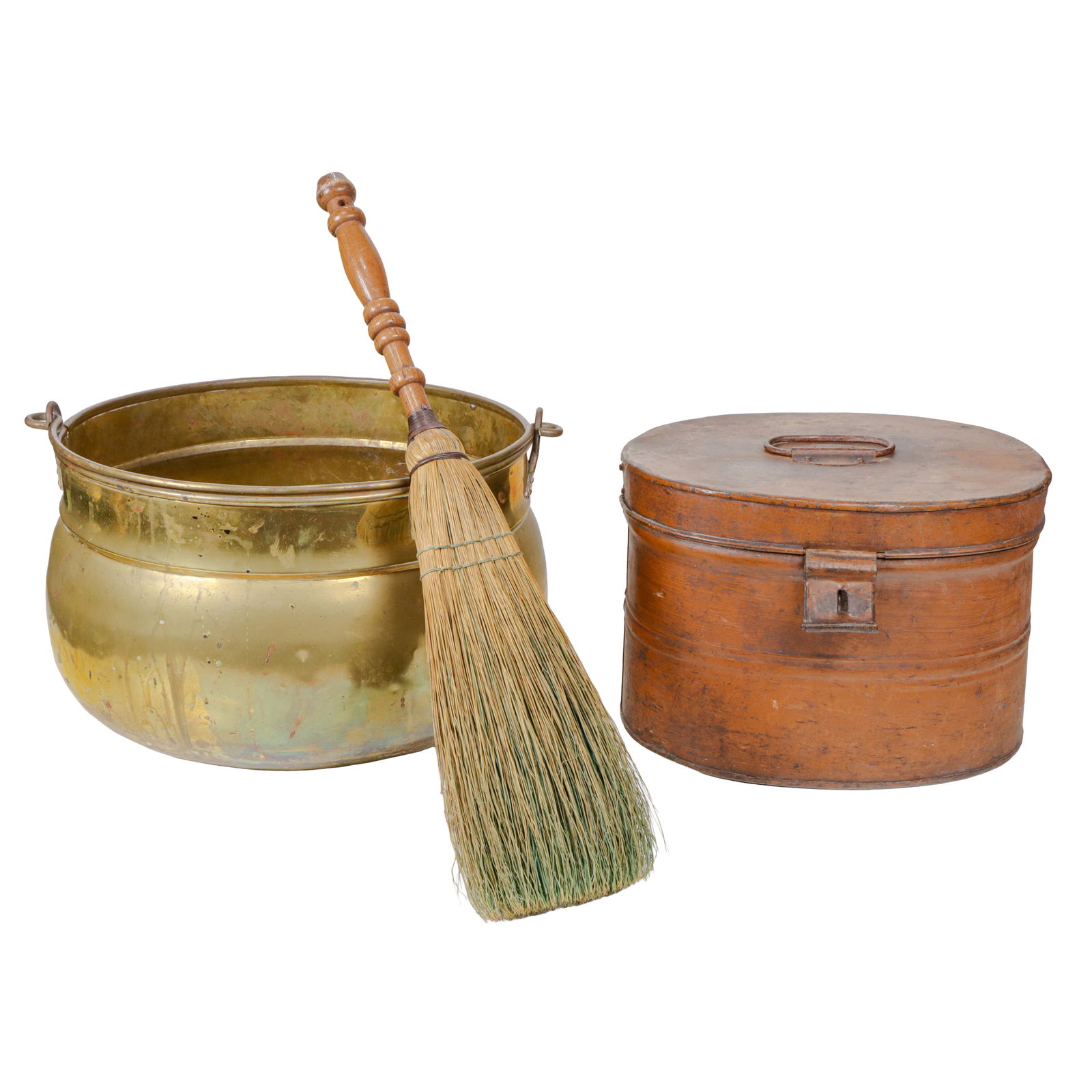 A brass cauldron and a painted metal hat box: A brass cauldron and a painted metal hat box, greatest 15.5"dia, together with hand broom [3 total]