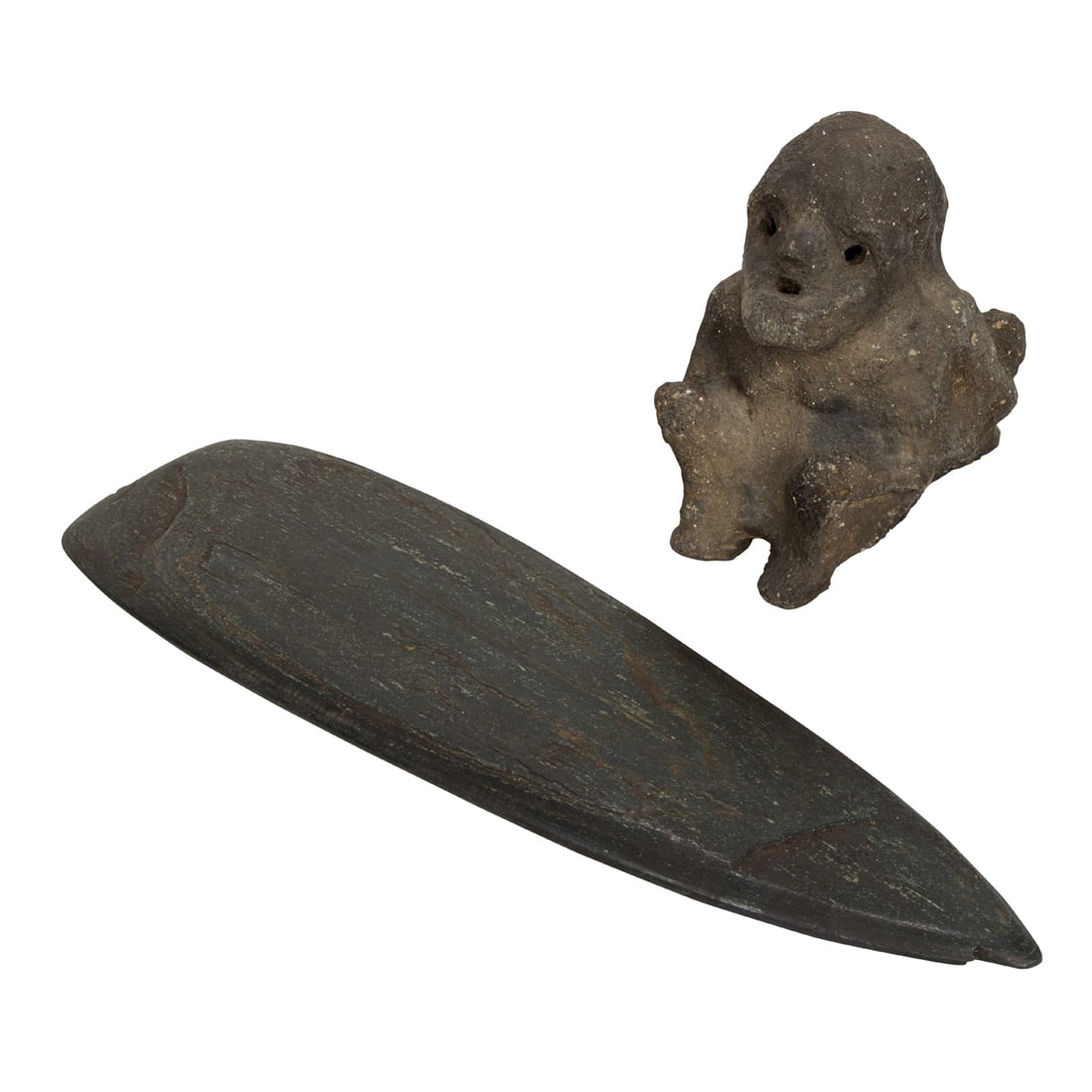 An Early Natural Stone Axe Head with a Pre-Columbian Figure: An early and large natural stone axe head, together with a Pre Columbian pottery double sided figure, largest 5"h x 13"l x 5"d [2 total]