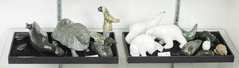 A Group of Thirteen Inuit Carved Stone Animals including Mammals and Birds (1 of 1)