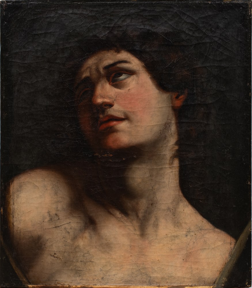 Painting, After Guido Reni: After Guido Reni (Italian, 1575-1642), Saint Sebastian, oil on canvas, canvas (unframed): 21.5"h x 18.25"w
