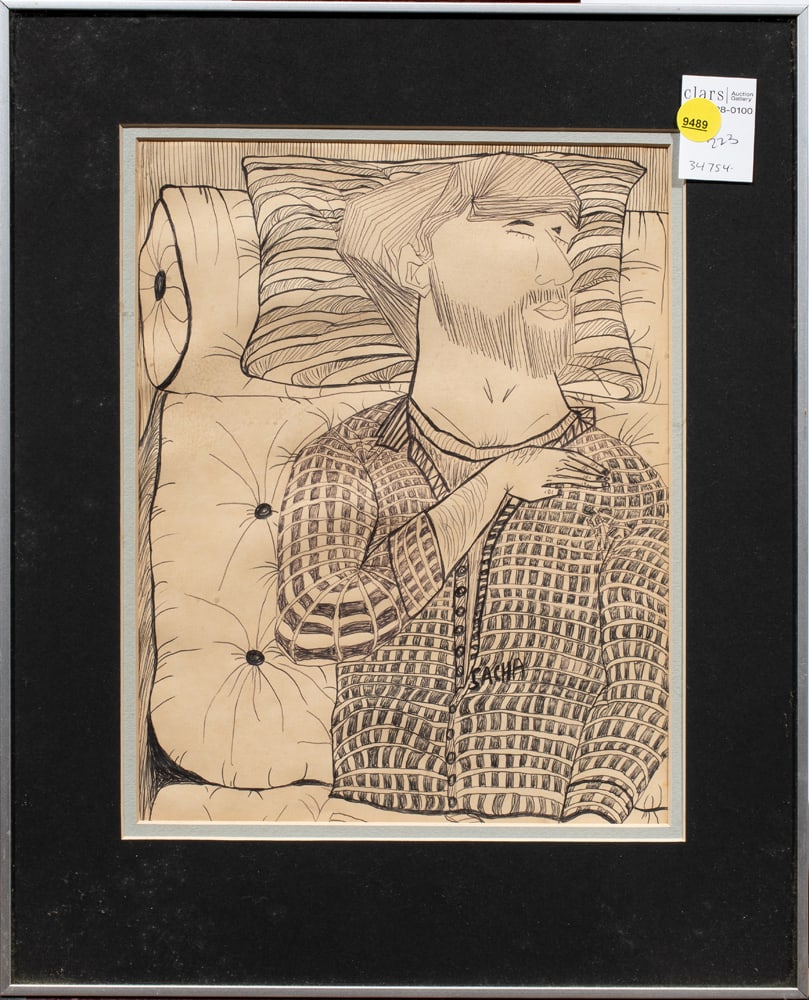 Work on paper, American School: American School (Late 20th century), Sleeping Man, ink on paper, signed "SACHA" lower right, overall (with frame): 17"h x 13.5"w