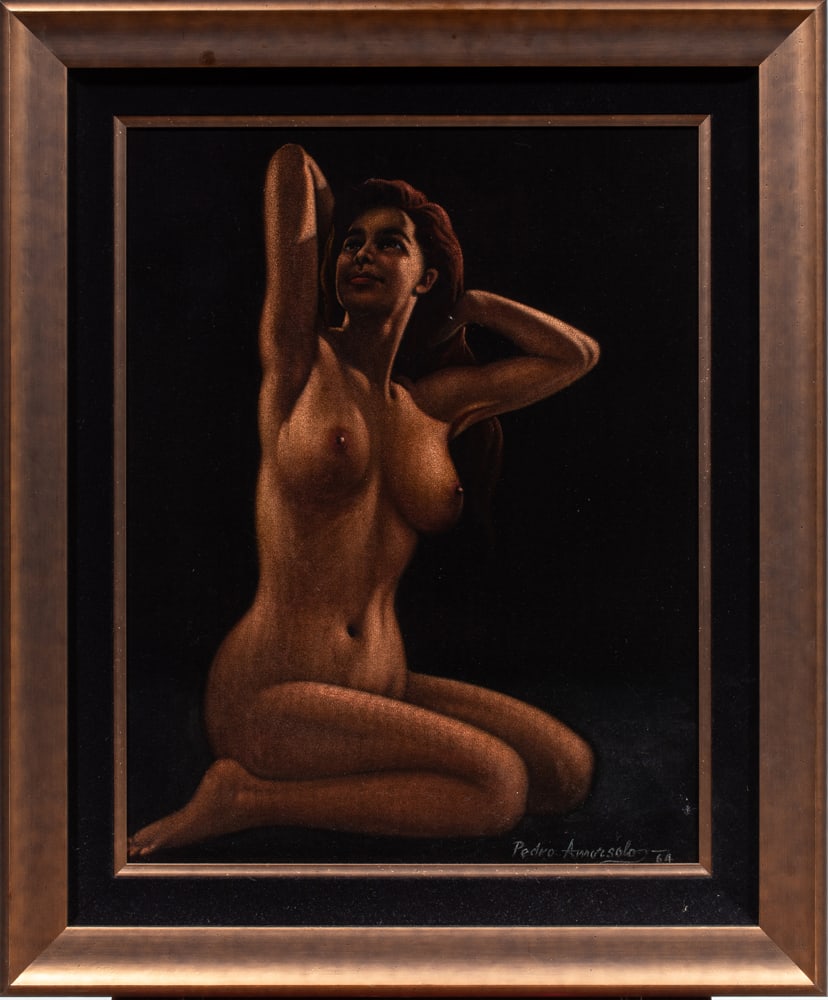 Painting, Pedro Amorsolo: Pedro Amorsolo (Filipino, b. 1926), Kneeling Nude, 1964, oil on velvet, signed and dated lower right, canvas: 24"h x 19"w, overall (frame): 35.5"h x 25.5"w