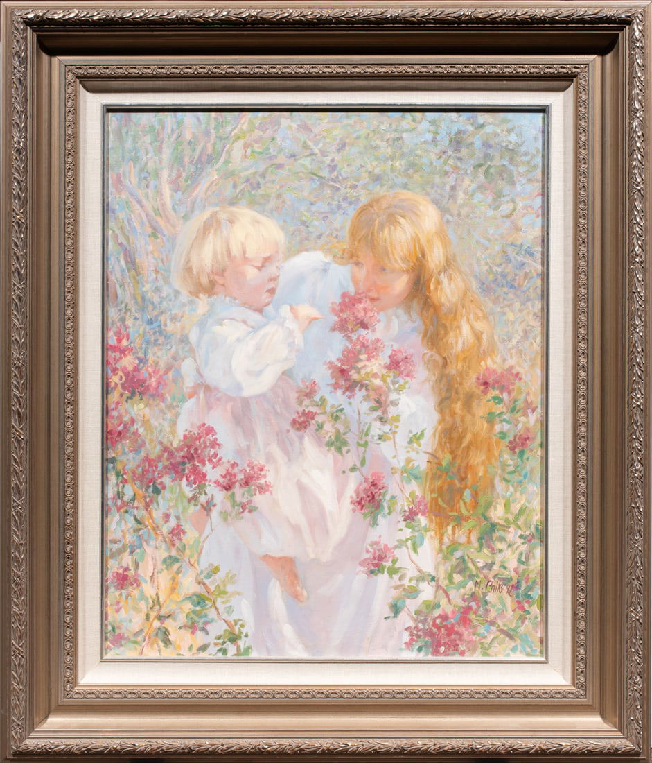 Painting, Miriam Riks: Miriam Riks (American, b. 1957), "Summer Garden," 1981, oil on canvas, signed and dated lower right, overall (with frame): 41"h x 34.75"w