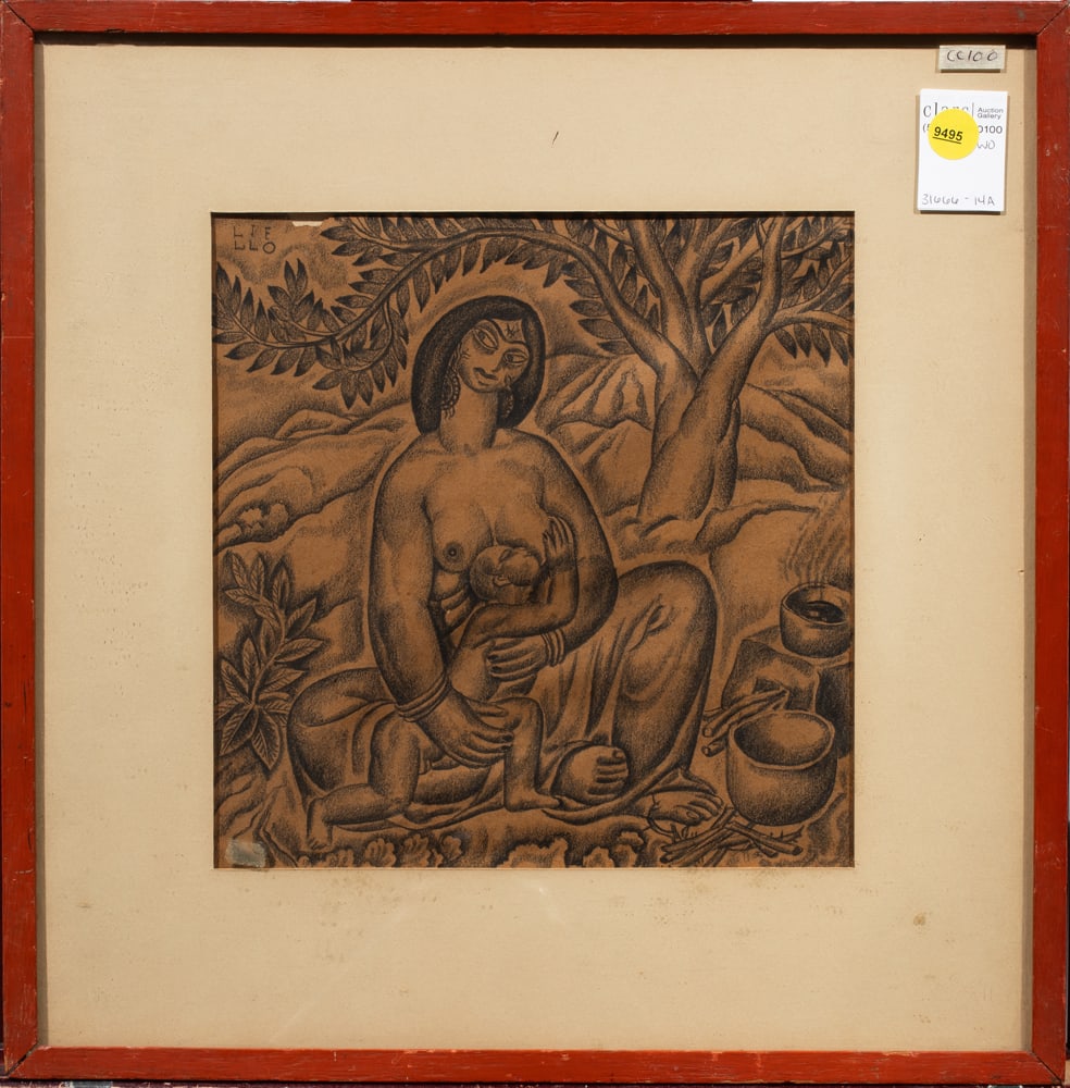 Work on paper, John Liello: John Liello (American, 1892-1967), Mother and Child, charcoal on paper, signed upper left, overall (with frame): 16"h x 15.75"w