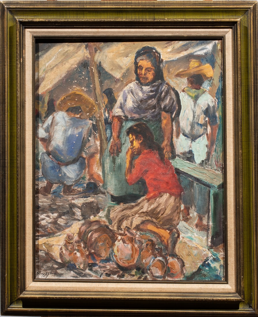 Painting, Sydney Seymore Stern: Sydney Seymore Stern (American, 1890-1989), Market Scene with Woman and Child, oil on canvas, signed lower left, overall (with frame): 31"h x 27"w