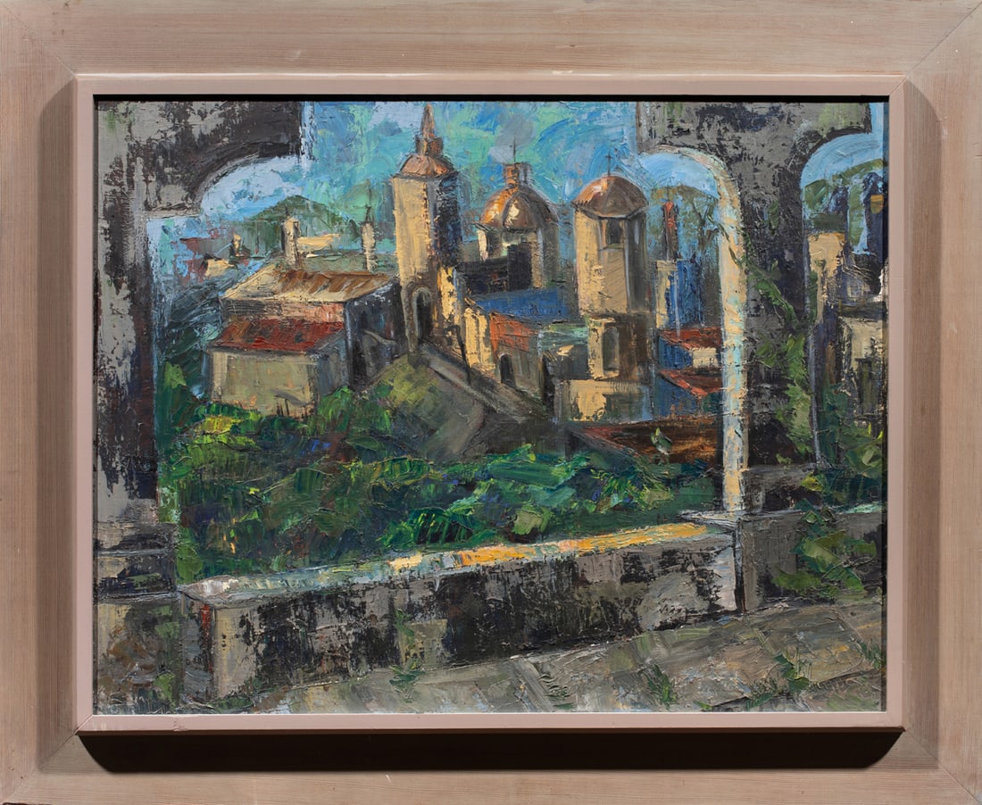 American School (20th century): American School (20th century), Untitled (View of a Church), oil on canvas, inscribed "Williams" verso, overall (with frame): 29.25"h x 35.25"w