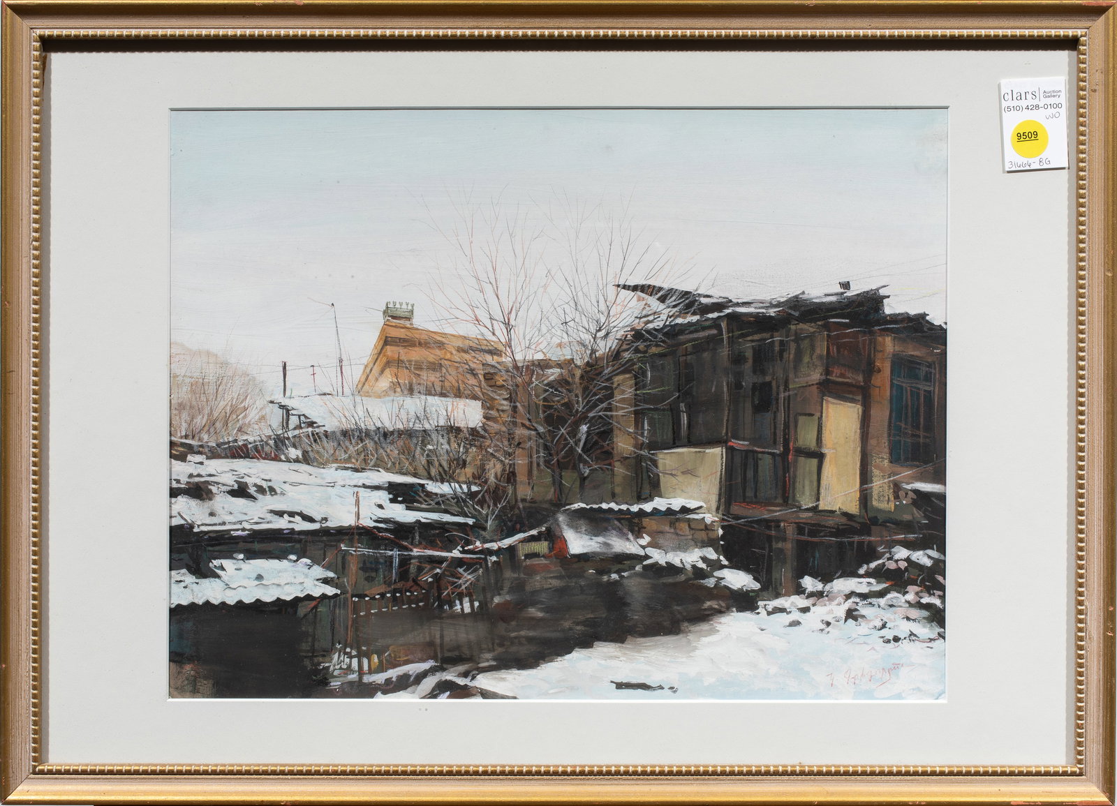 Work on paper, Eastern European School (20th/21st century): Eastern European School (20th/21st century), Snowy City, gouache and casein on paper, signed in undetermined language lower right, inscribed in undetermined language to paper affixed verso, overall (w
