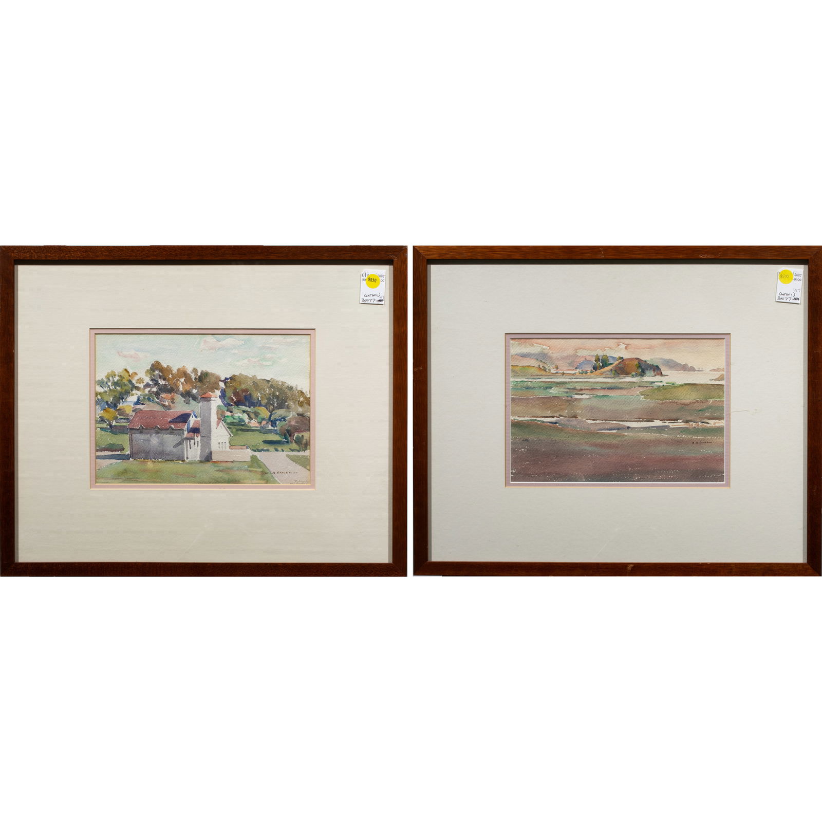 Watercolors, William Ross Cameron: (lot of 2) William Ross Cameron (American, 1893-1971), Coastal Scene and House By A Street, watercolors, each signed lower right, overall (with frame, for each): 17"h x 21"w