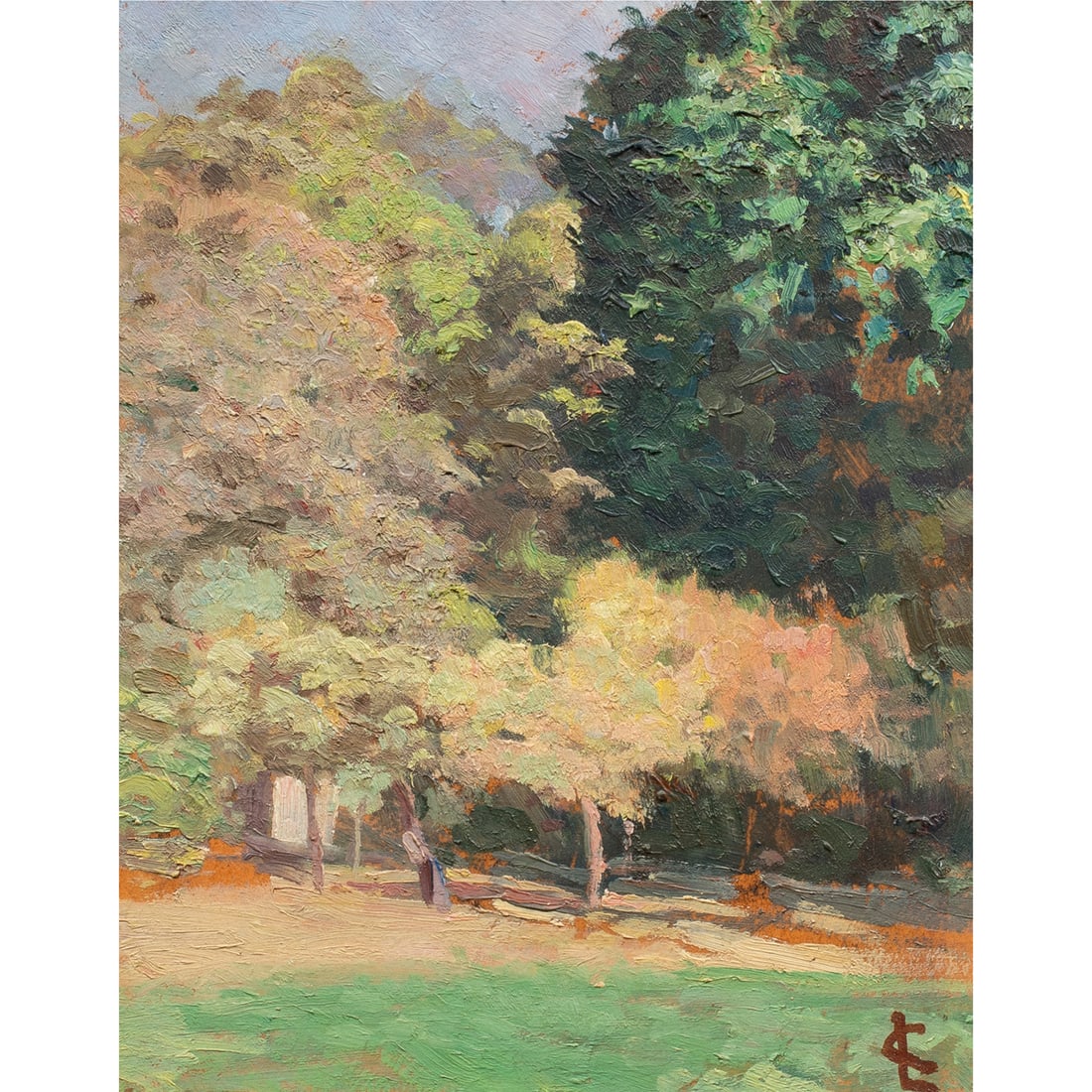 Painting, Carlo Legani: Carlo Legani (Italian, 1852-1936), "Small Landscape," oil on board, intitaled lower right, gallery label (Place/Allrich Galleries, San Francisco, CA) affixed verso, sight: 9.5"h x 7.5"w, overall (with