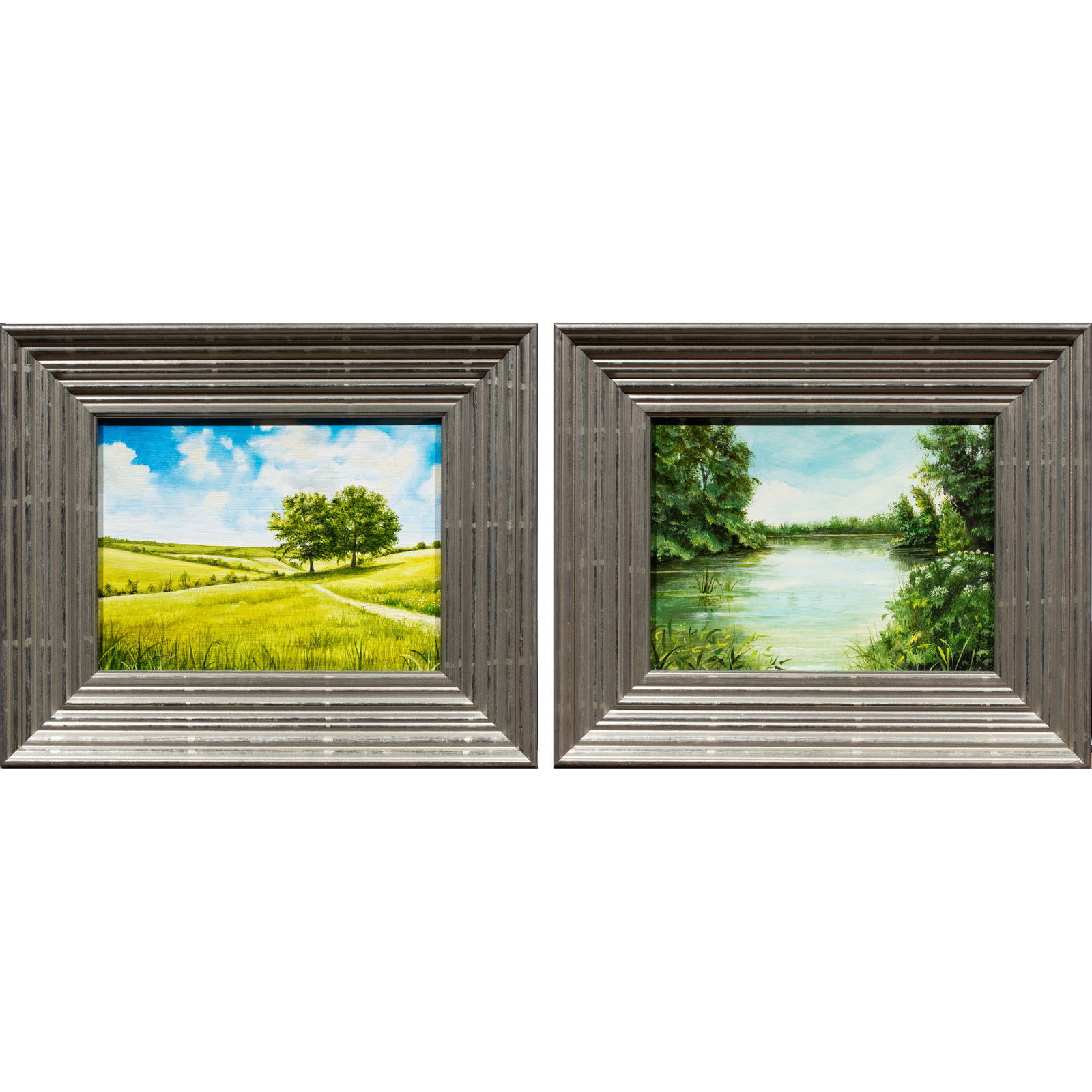 Paintings, American School (20th century): American School (20th century), Landscapes, oils on board, each signed indistinctly verso, overall (with frame, for each): 11.5"h x 13.75"w