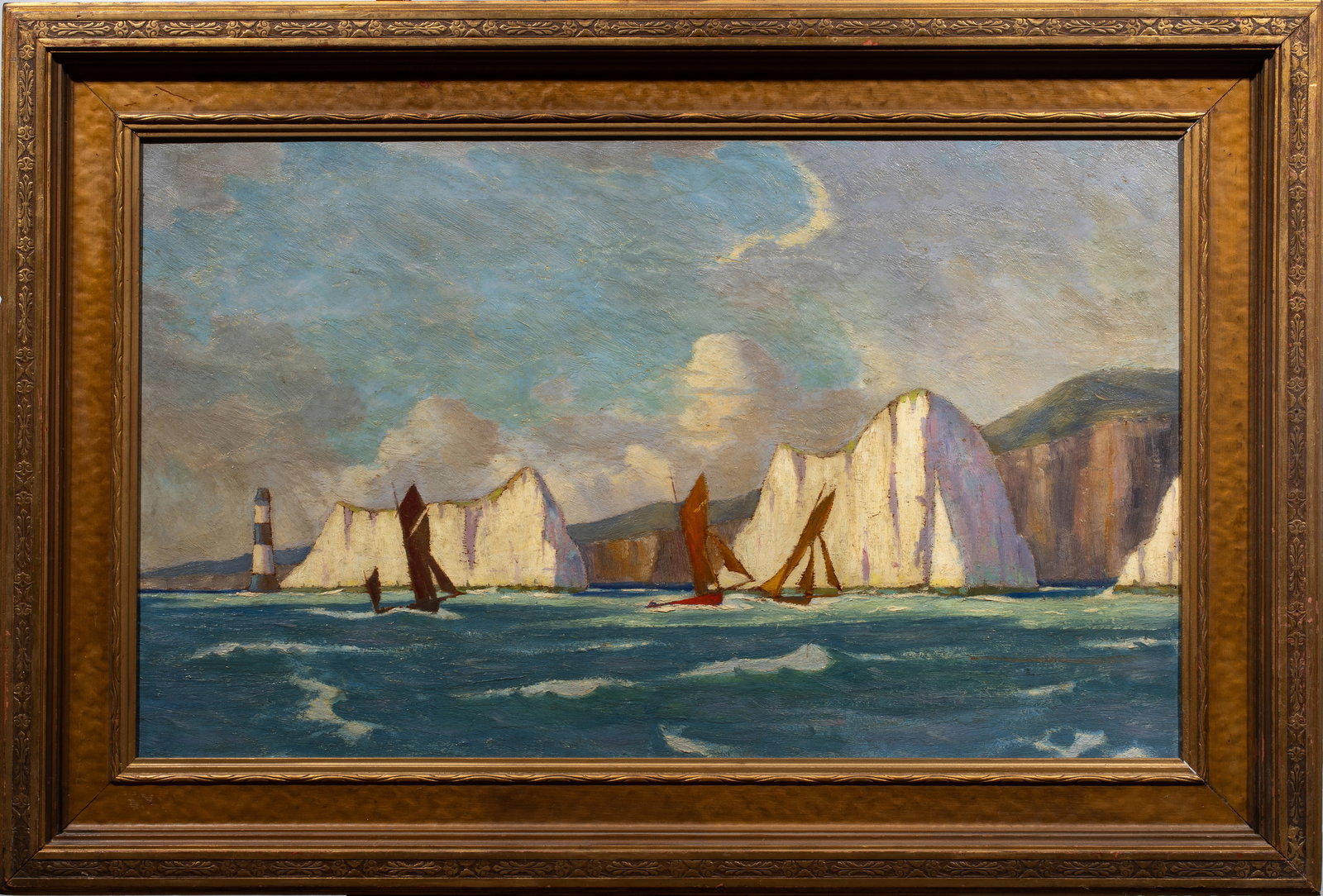 Painting, British School (20th century): British School (20th century), Sailing By Beachy Head, Dover, oil on board, overall (with frame): 27"h x 40"w
