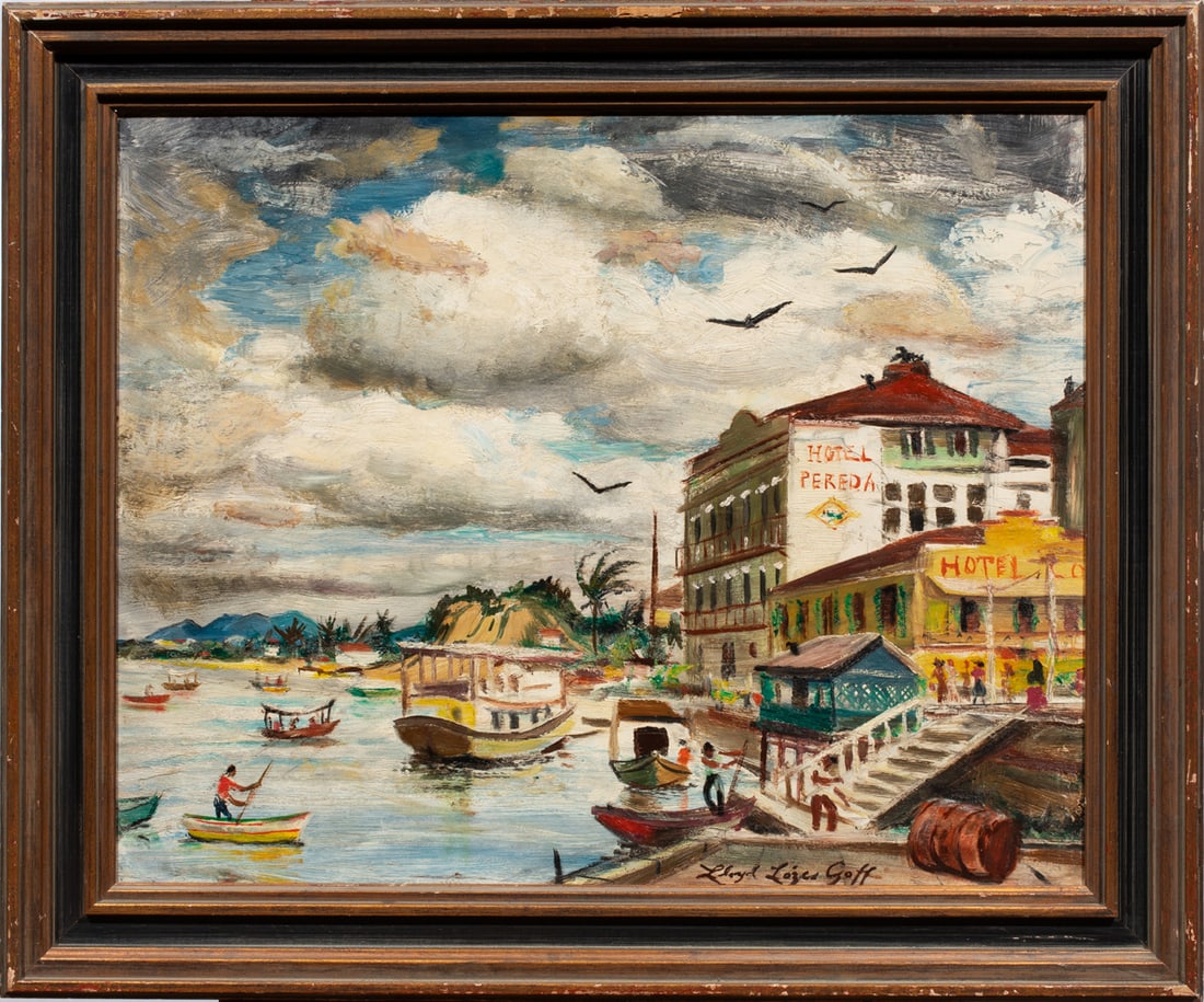 Painting, Lloyd Lozes Goff: Lloyd Lozes Goff (American, 1908-1982), Hotel Pereda, oil on board, signed lower right-center, overall (with frame): 25"h x 29.5"w