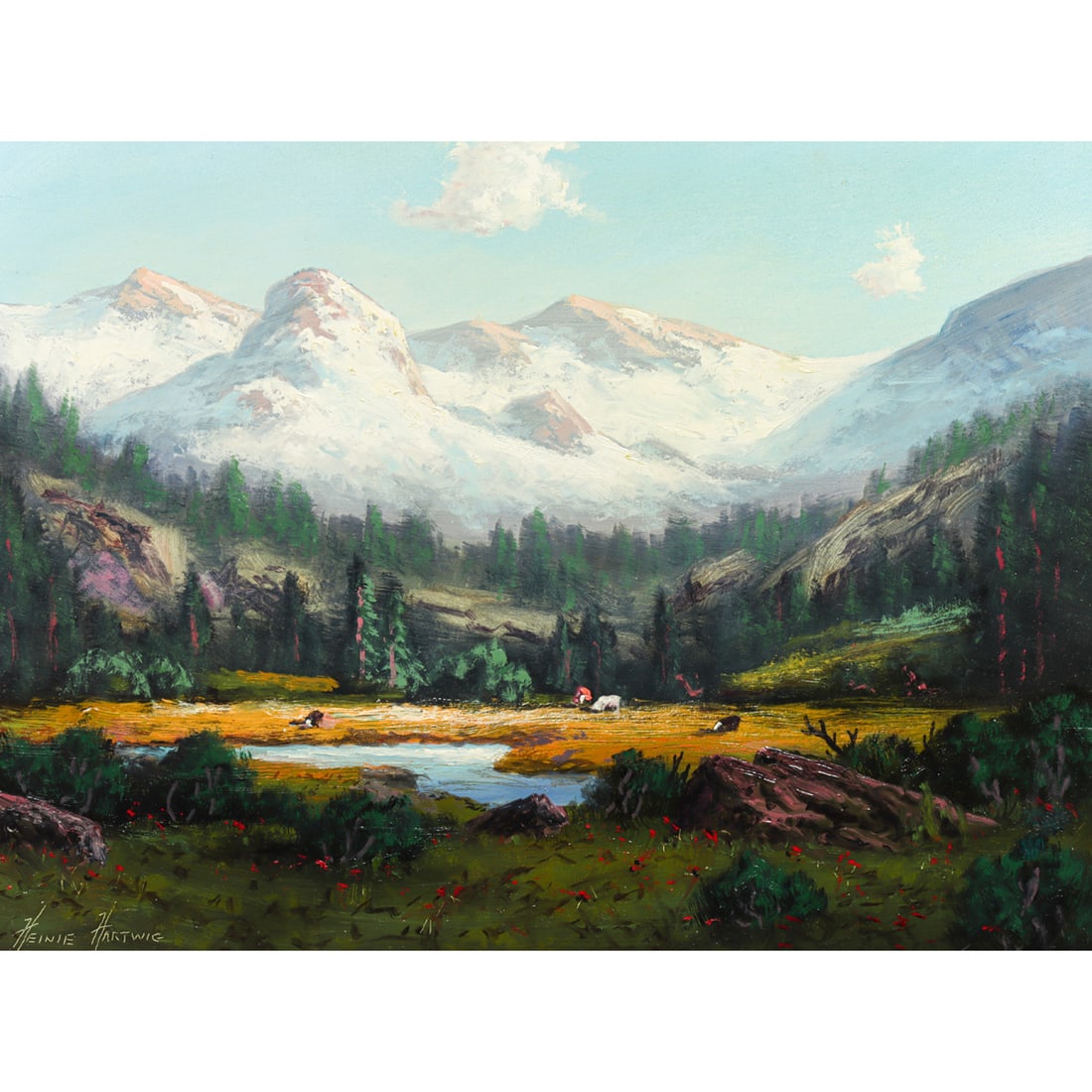 Painting, Heinie Hartwig: Heinie Hartwig (American, b. 1937), "Kennedy Creek with Cattle," oil on board, signed lower left, titled verso, board: 12"h x 16"w, overall (with frame): 19.5"h x 23.5"w