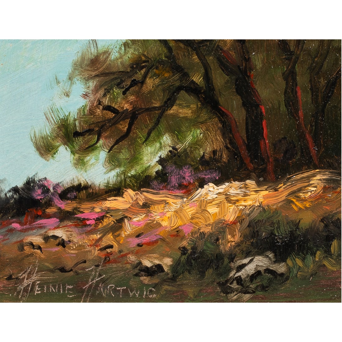 Painting, Heinie Hartwig: Heinie Hartwig (American, b. 1937), Wildflowers, oil on board, signed lower left, board: 5.5"h x 7.5"w, overall (with frame): 11.25"h x 13.25"w