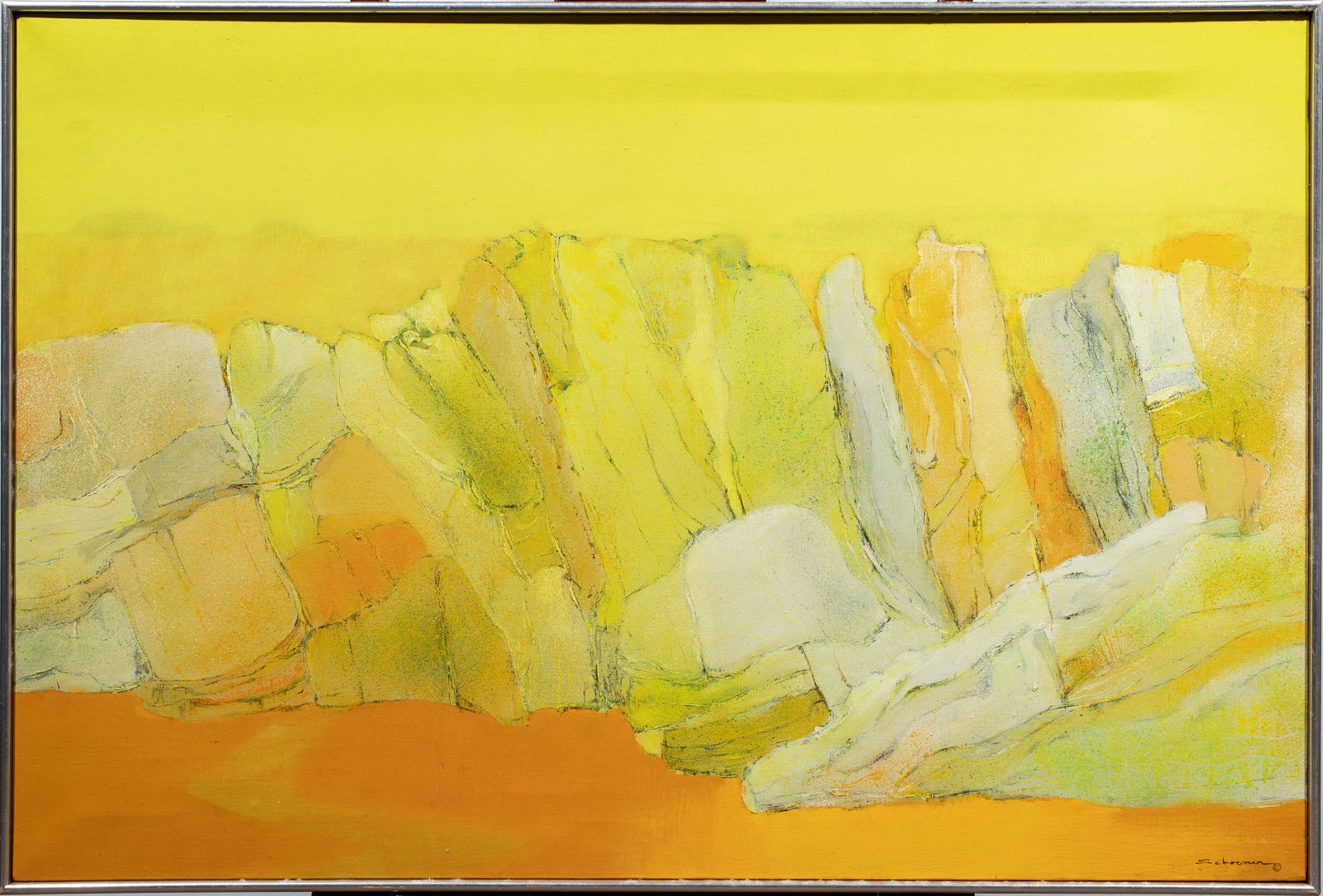 Painting, Jason Schoener: Jason Schoener (American, 1919-1997), "Foggy Coast," oil on canvas, signed lower right, signed and titled verso, overall (with frame): 24.75"h x 36.75"w