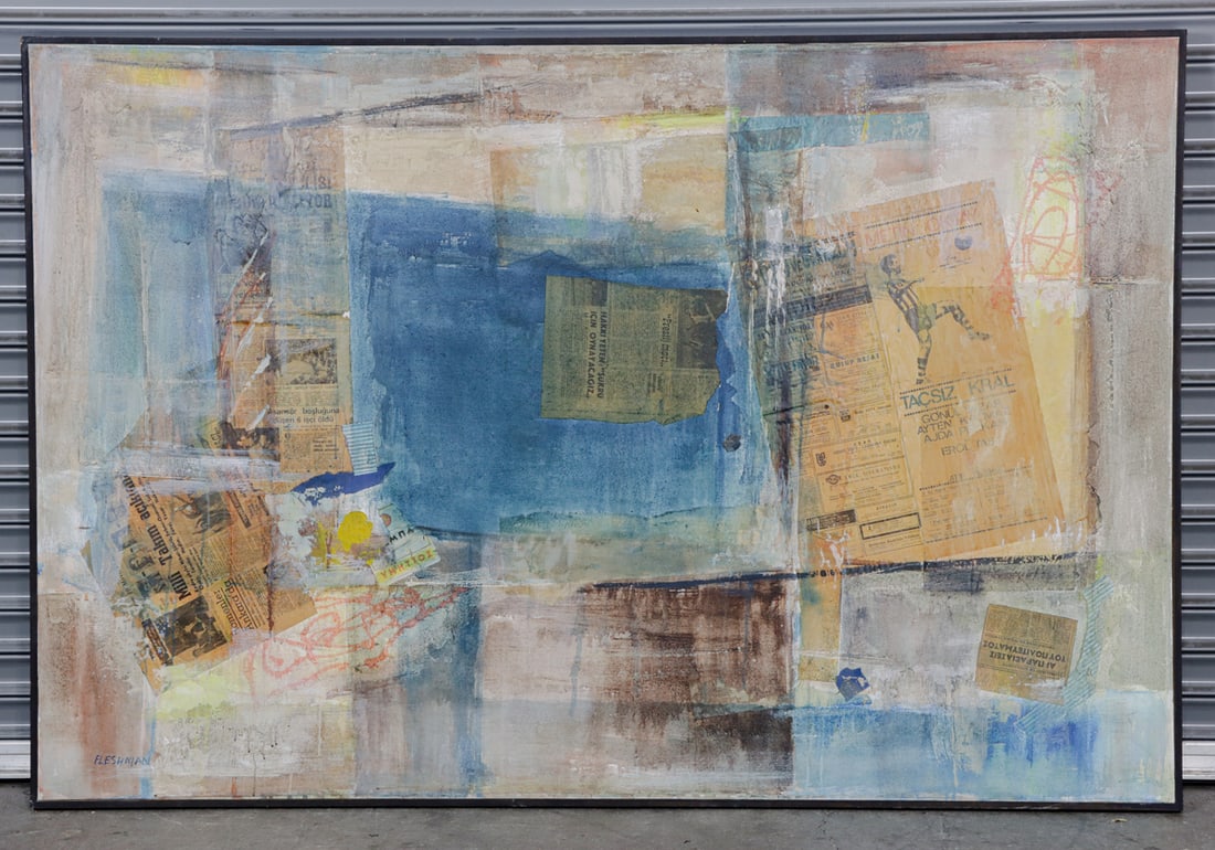 Mixed Media, Max Fleshman: Max Fleshman (American, 20th century), Untitled, collage with mixed media on canvas, signed lower left, overall (with frame): 49"h x 73"w