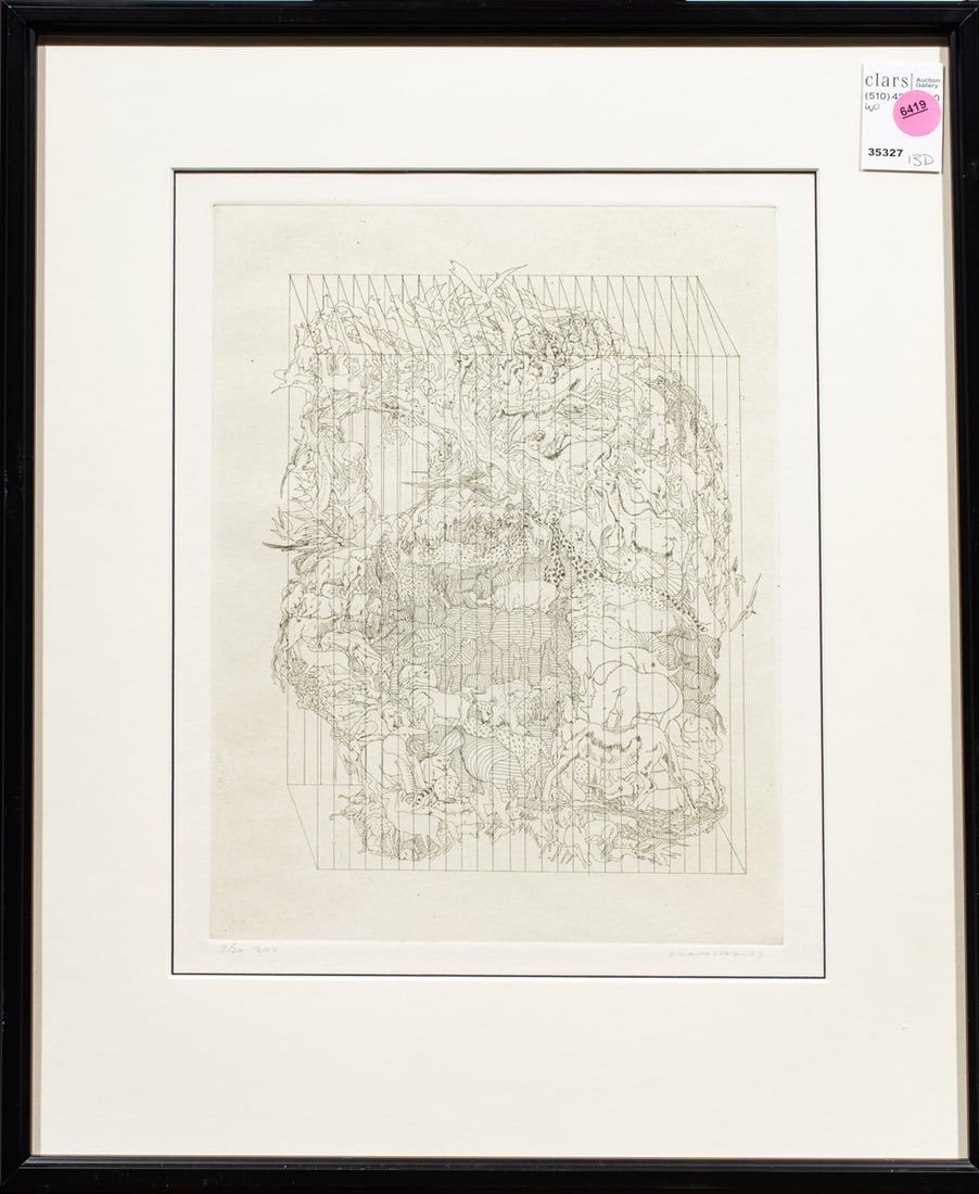Print, Arthur Okamura: Arthur Okamura (American, 1932-2009), "Zoo," 1967, etching, pencil signed and dated lower right, titled lower left, edition 4/20, overall (with frame): 19"h x 15.5"w