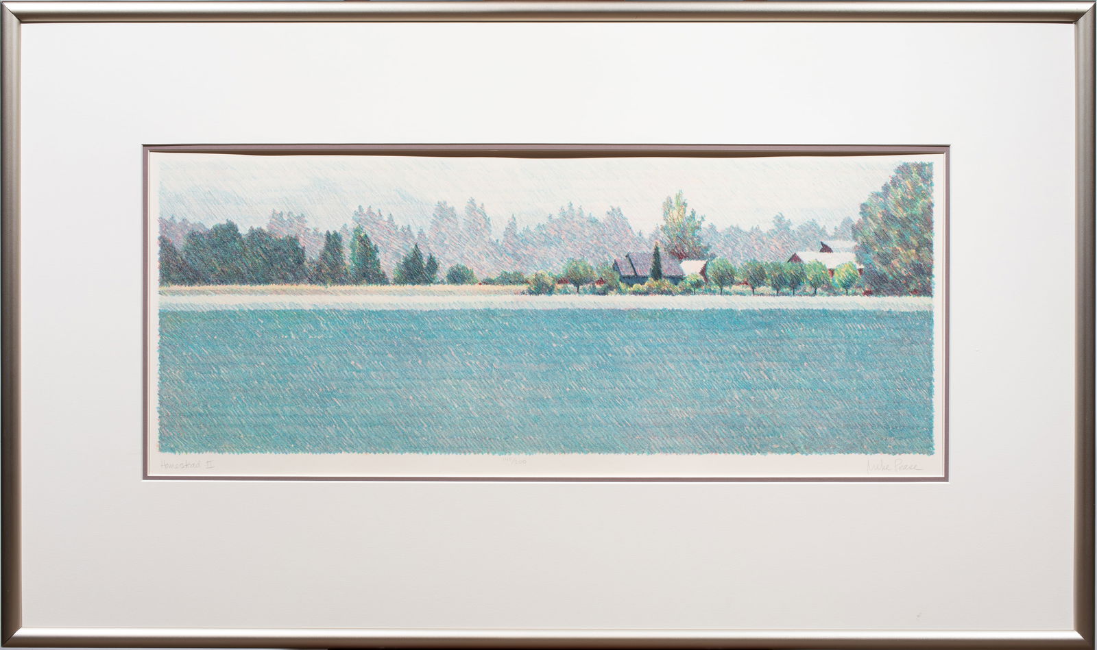 Print, Michael Pease: Michael Pease (American, 20th century), "Homestead II," lithograph, pencil signed lower right, edition 140/200, overall (with frame): 26.5"h x 45"w