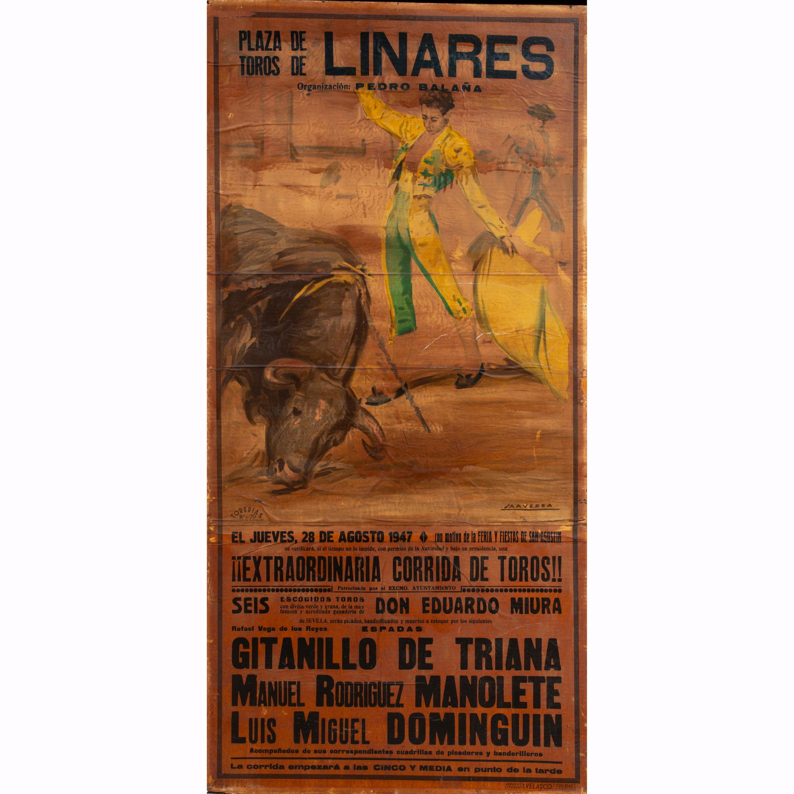 Print, Spanish School (20th century): Spanish School (20th century), Bull Fighting Sign, lithograph on paper affixed to board, board (unframed): 65"h x 32"w