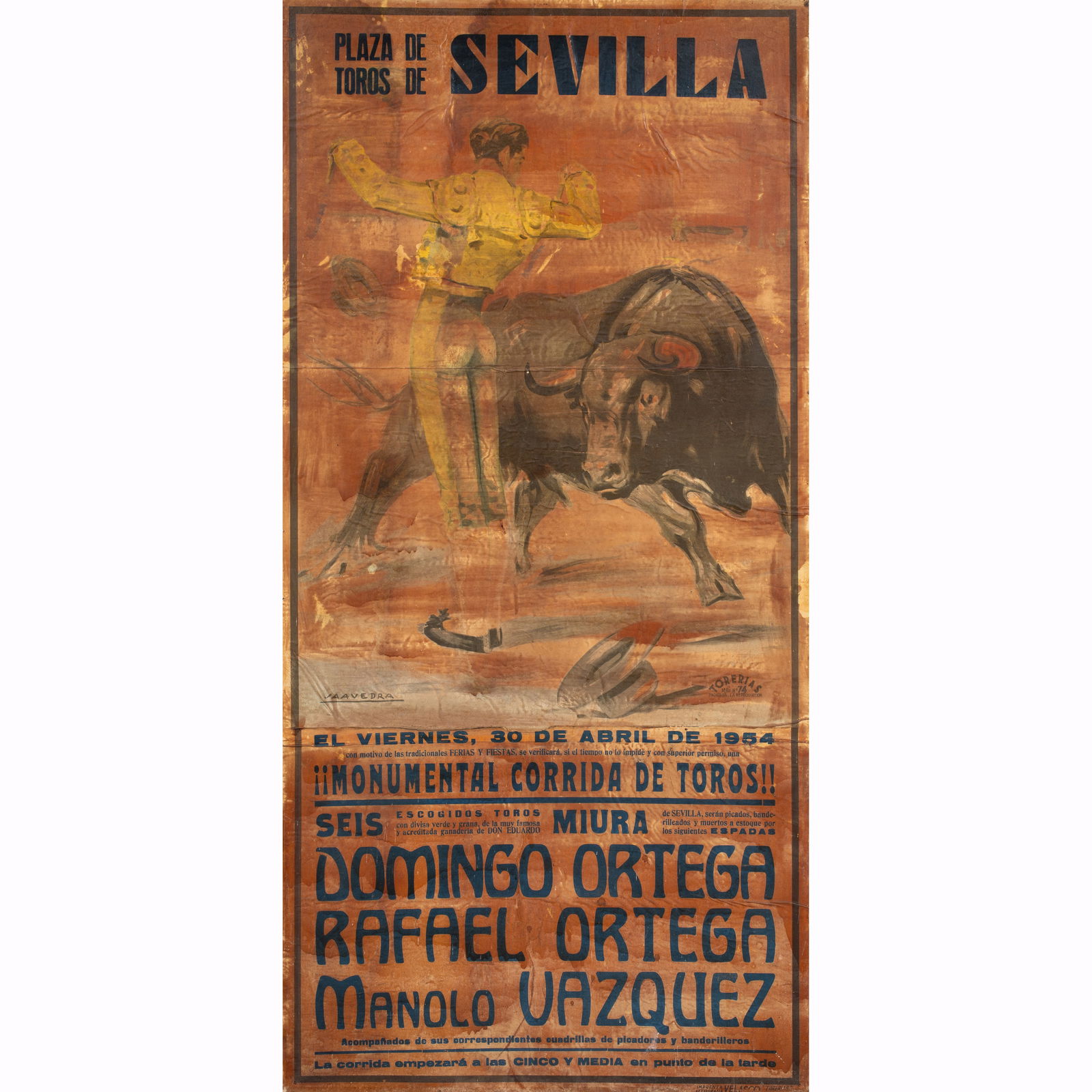 Print, Spanish School (20th century): Spanish School (20th century), Bull Fighting Sign, lithograph on paper affixed to board, board (unframed): 65"h x 32"w
