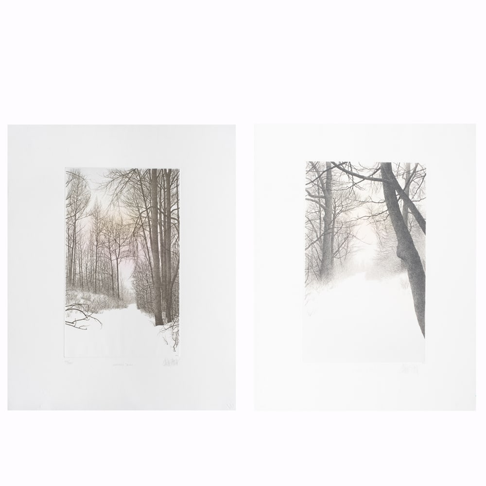 Prints, Franklin Galambos: (lot of 2) Franklin Galambos (American, 1944?2018), "Winter's Dawn," 1982 and "Wood's Edge" 1983, etchings on paper, each pencil signed lower right, each titled lower center, Press Proof edition
