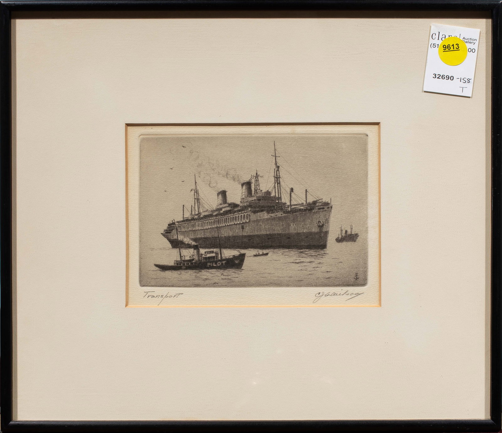 Print, American School (20th century): American School (20th century), "Transport," etching, pencil signed indistinctly lower right, overall (with frame): 11"h x 13"w
