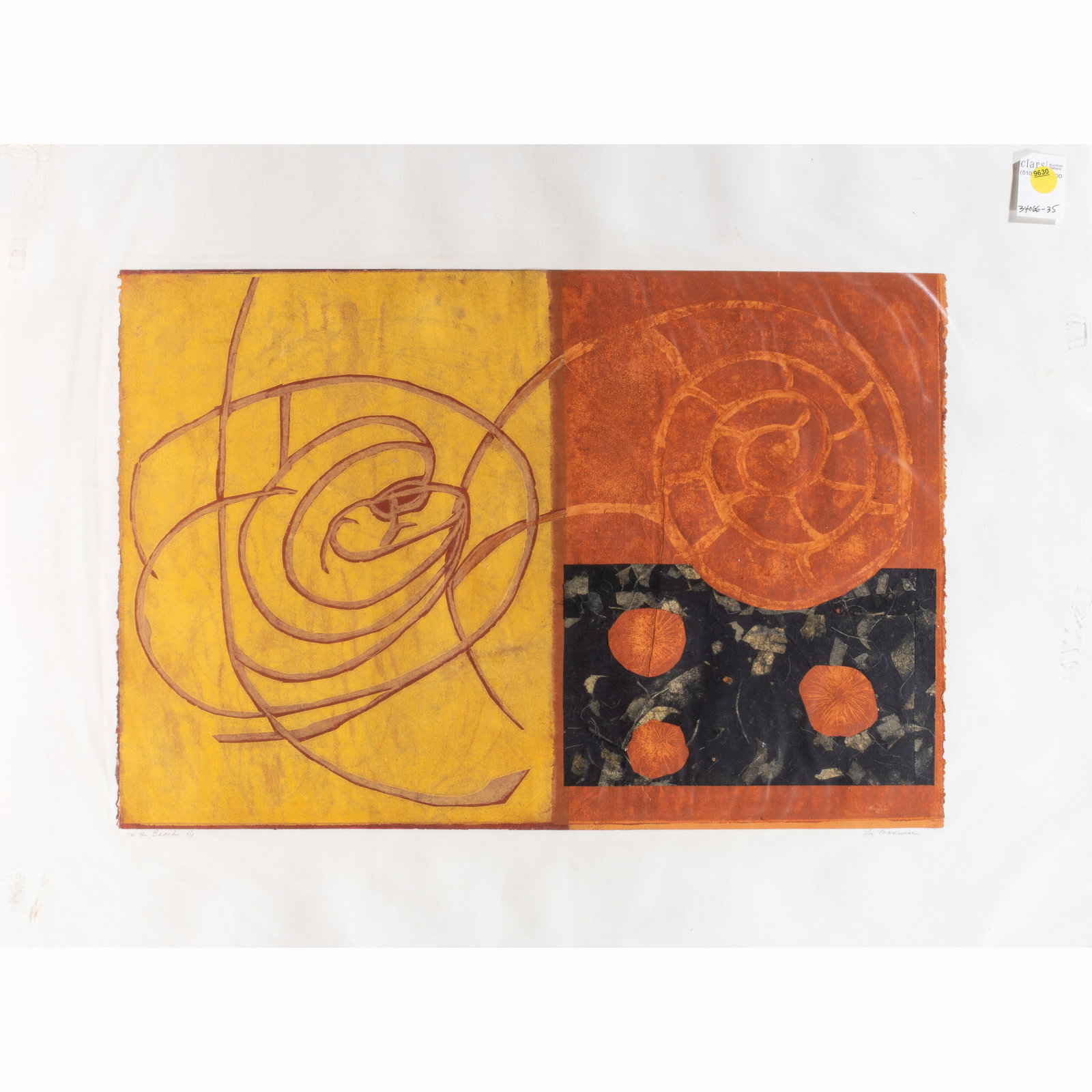 Print, Liz Maxwell: Liz Maxwell (American, 1936-1923), "On the Beach," monotype and mixed media on paper, pencil signed lower right, edition 1/1, sheet (unframed): 15"h x 22.5"w