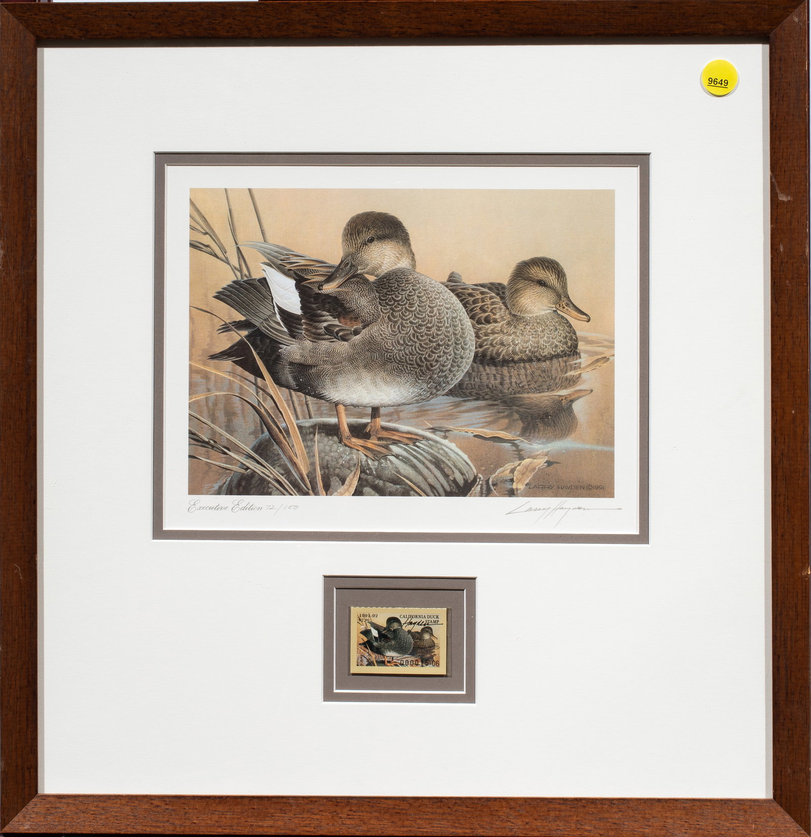 Stamp and Print, Larry Hayden: Larry Hayden (American, b. 1934), California Duck Stamp and Print, 1991, offset print and stamp, print pencil signed lower right, edition 72/150, overall (with frame): 17.5"h x 17"w