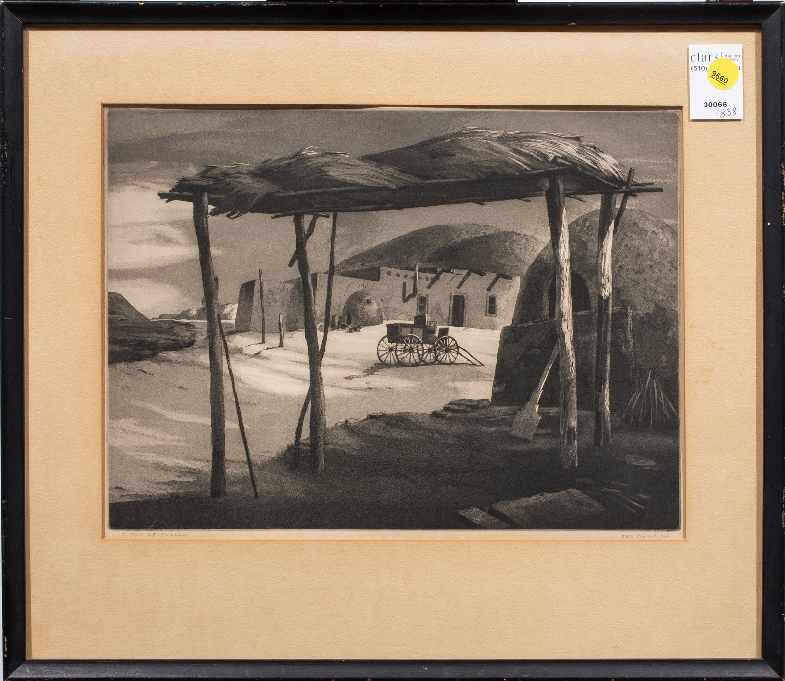 Print, Ted Hawkins: Ted Hawkins (American, 1910-1969), "Sleepy Afternoon," 1949, etching with aquatint, pencil signed lower right, titled lower left, sight: 10"h x 13.5" w, overall (with frame): 16"h x 18 .5"w