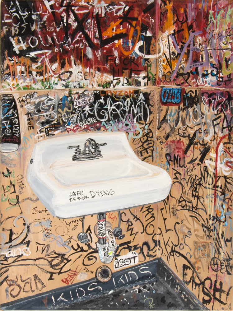 Painting, Nina Elaine: Nina Elaine (American, 21st century), Bathroom Griffiti, 2017, oil on canvas, canvas (unframed): 12"h x 9"w