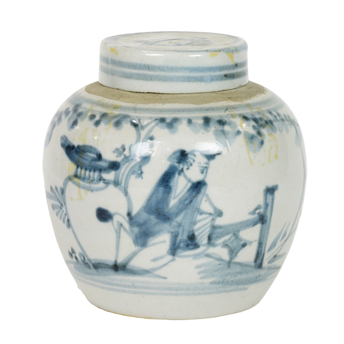 A Chinese blue and white jar and cover: A Chinese blue and white jar and cover. Depicting figural motif Qing dynasty, 4.5" high.